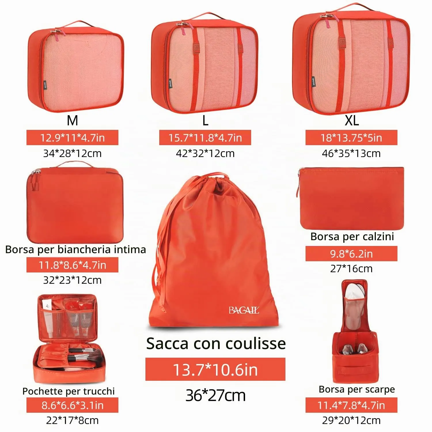 BAGAIL Cubi da Imballaggio per Valigia Set 8 Pezzi, Organizzatori Leggeri per Bagagli e Accessori da Viaggio, Arancione - immagine 2