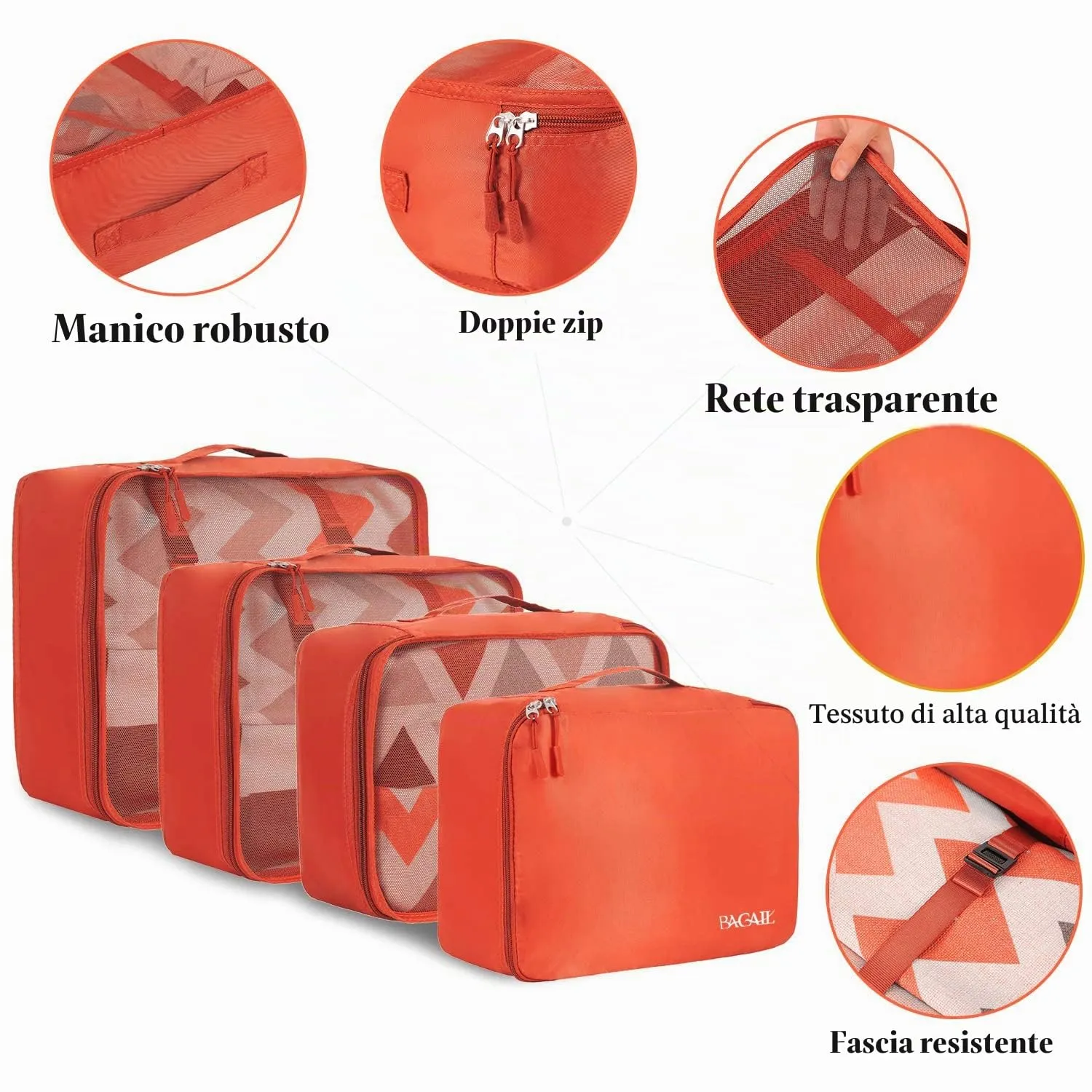 BAGAIL Cubi da Imballaggio per Valigia Set 8 Pezzi, Organizzatori Leggeri per Bagagli e Accessori da Viaggio, Arancione - immagine 4