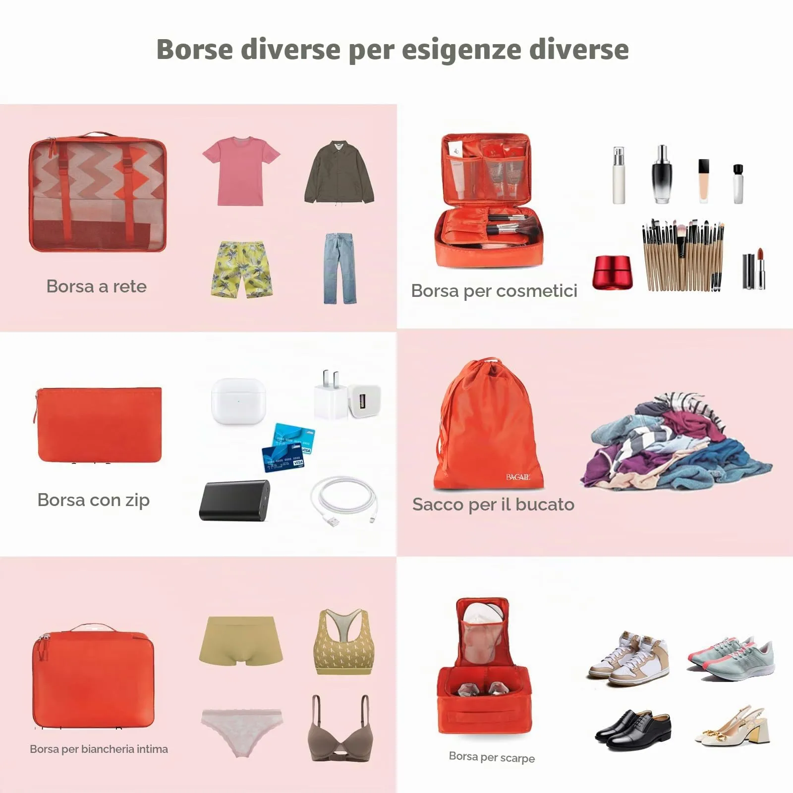 BAGAIL Cubi da Imballaggio per Valigia Set 8 Pezzi, Organizzatori Leggeri per Bagagli e Accessori da Viaggio, Arancione - immagine 5