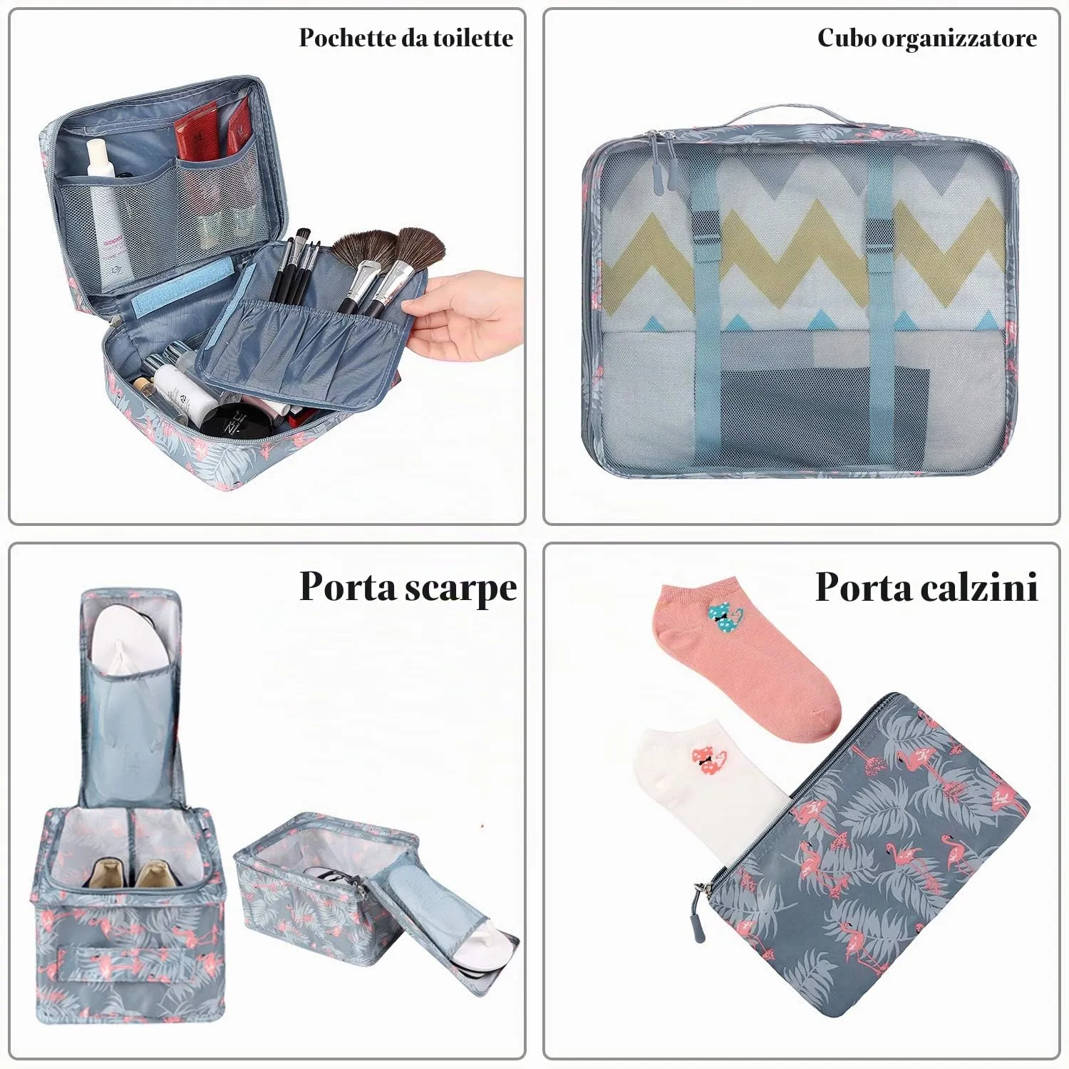 BAGAIL Cubi da Imballaggio per Valigia Set 8 Pezzi, Organizzatori Leggeri per Bagagli e Accessori da Viaggio, Stampa fenicottero - immagine 3