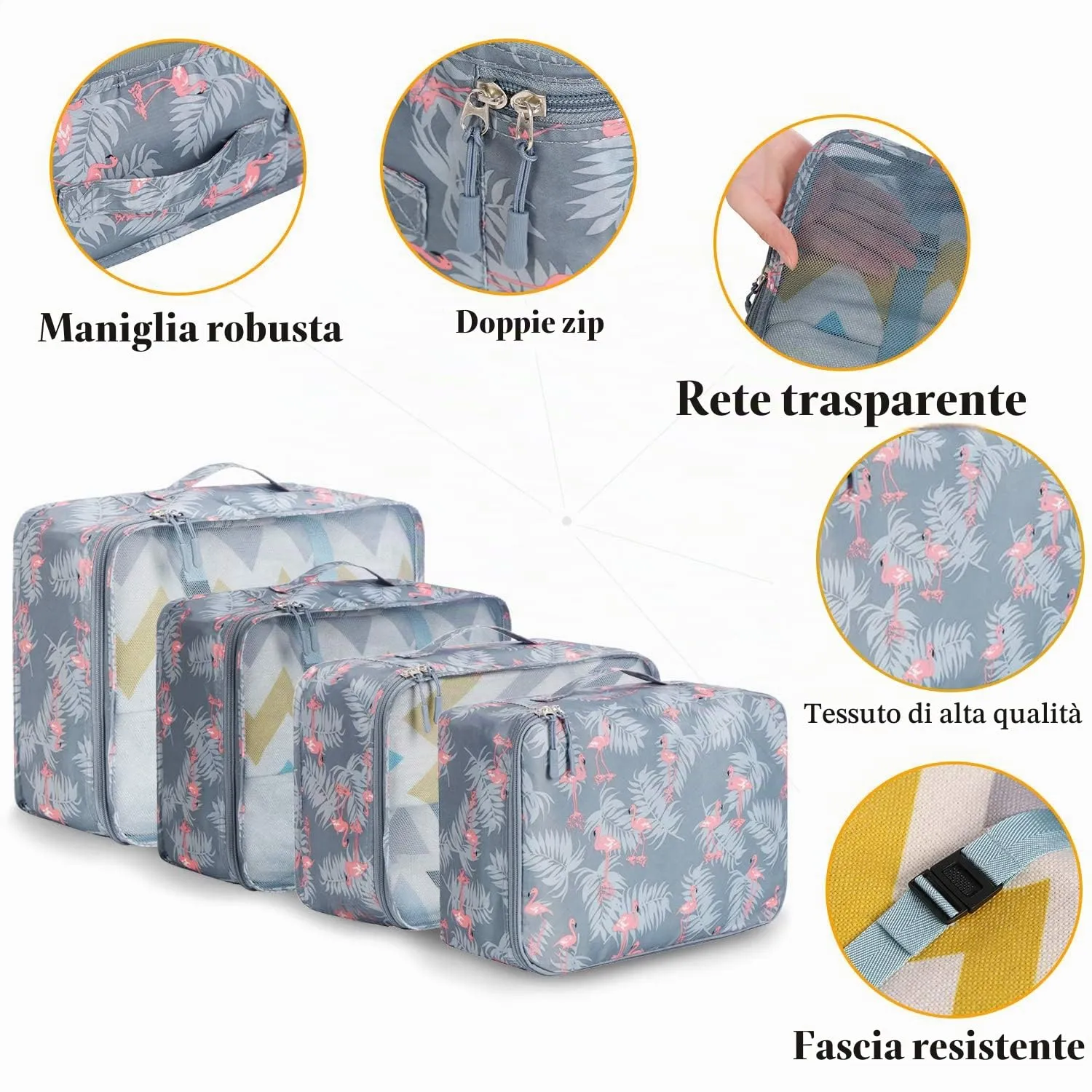 BAGAIL Cubi da Imballaggio per Valigia Set 8 Pezzi, Organizzatori Leggeri per Bagagli e Accessori da Viaggio, Stampa fenicottero - immagine 4