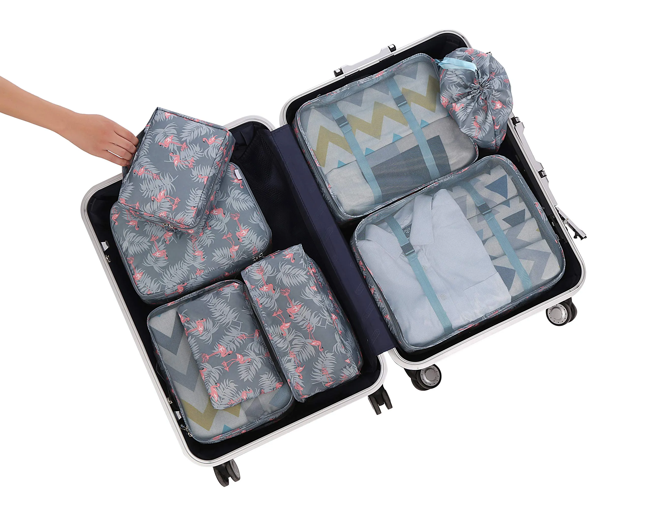 BAGAIL Cubi da Imballaggio per Valigia Set 8 Pezzi, Organizzatori Leggeri per Bagagli e Accessori da Viaggio, Stampa fenicottero - immagine 7