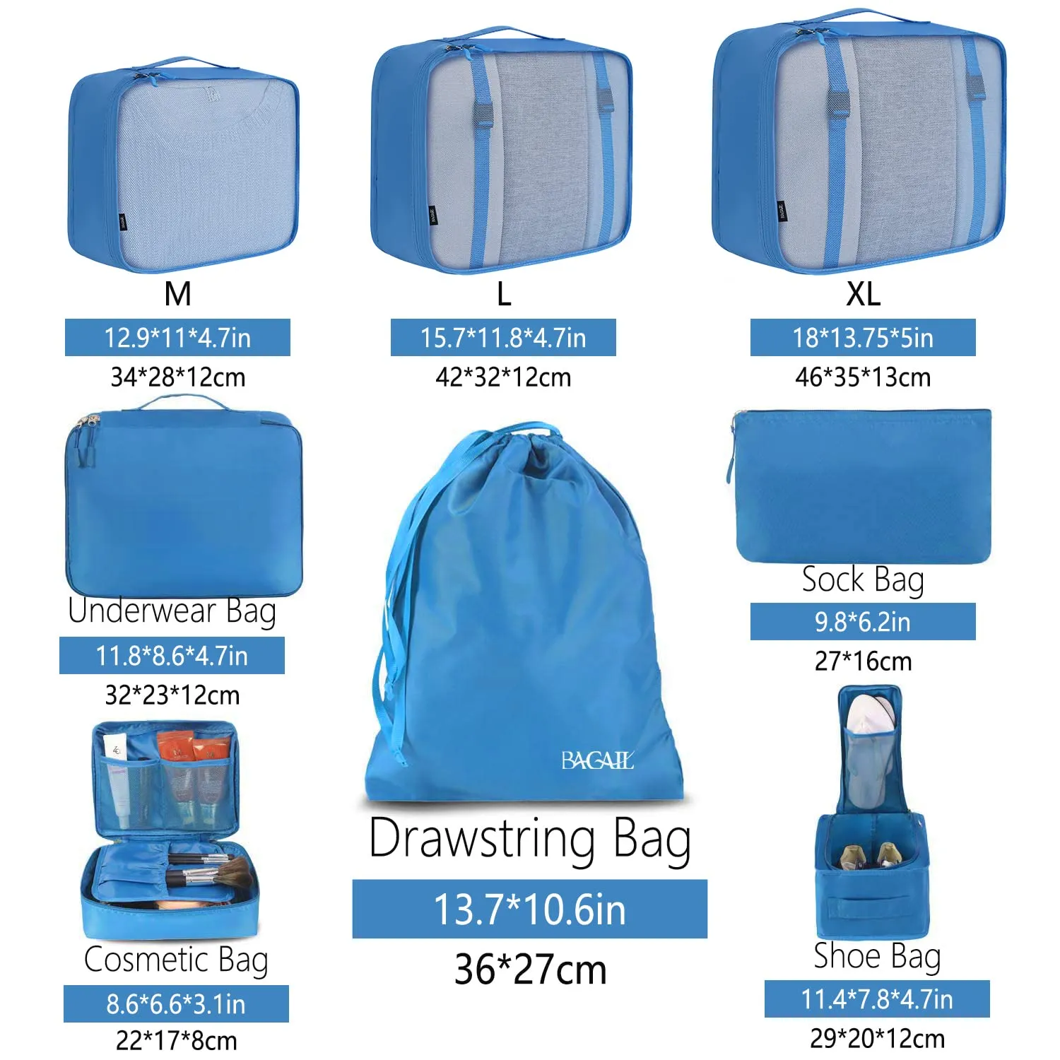 BAGAIL Cubi da Imballaggio per Valigia Set 8 Pezzi, Organizzatori Leggeri per Bagagli e Accessori da Viaggio, Blu - immagine 2