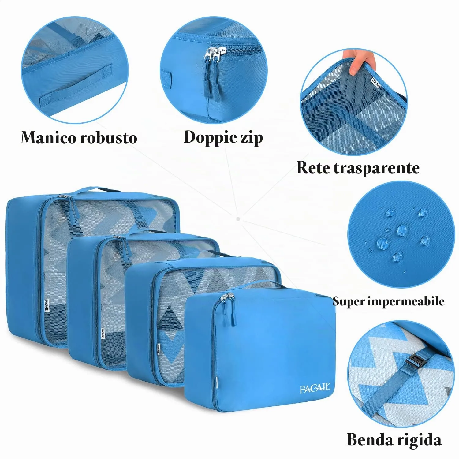 BAGAIL Cubi da Imballaggio per Valigia Set 8 Pezzi, Organizzatori Leggeri per Bagagli e Accessori da Viaggio, Blu - immagine 4