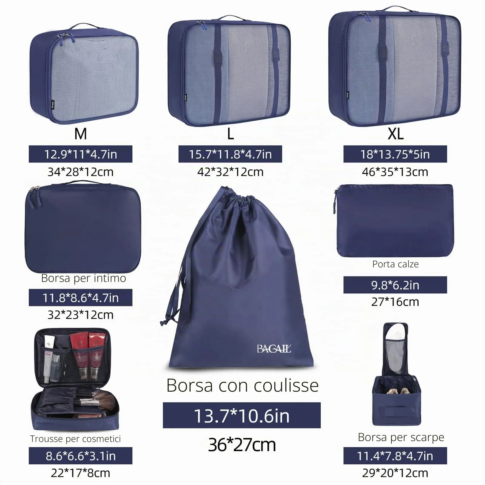BAGAIL Cubi da Imballaggio per Valigia Set 8 Pezzi, Organizzatori Leggeri per Bagagli e Accessori da Viaggio, Blu navy - immagine 2