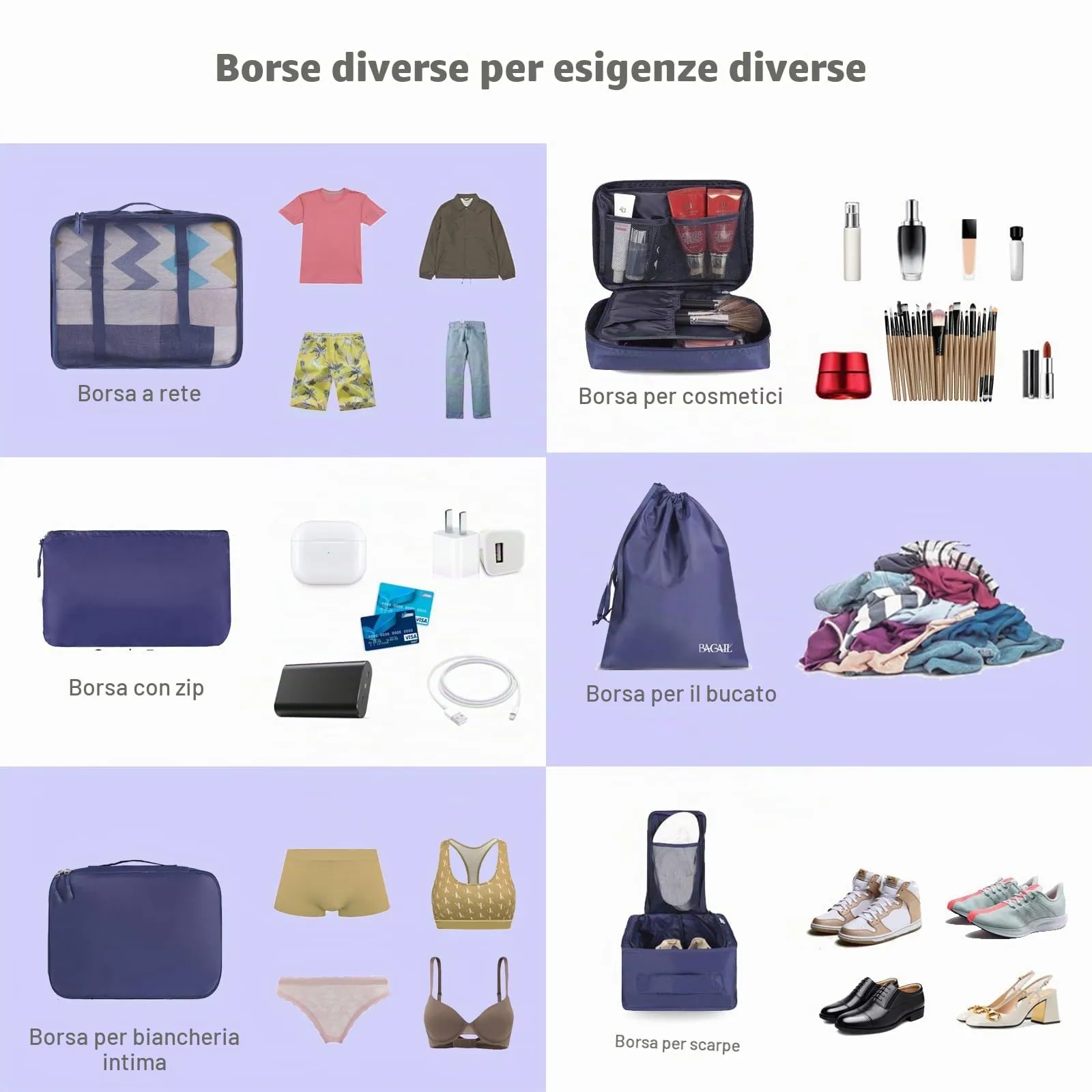 BAGAIL Cubi da Imballaggio per Valigia Set 8 Pezzi, Organizzatori Leggeri per Bagagli e Accessori da Viaggio, Blu navy - immagine 5