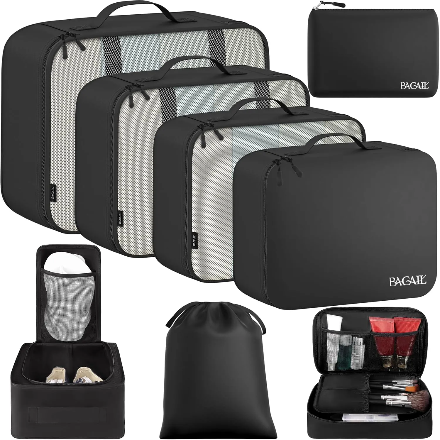 BAGAIL Cubi da Imballaggio per Valigia Set 8 Pezzi, Organizzatori Leggeri per Bagagli e Accessori da Viaggio, Nero - immagine 1