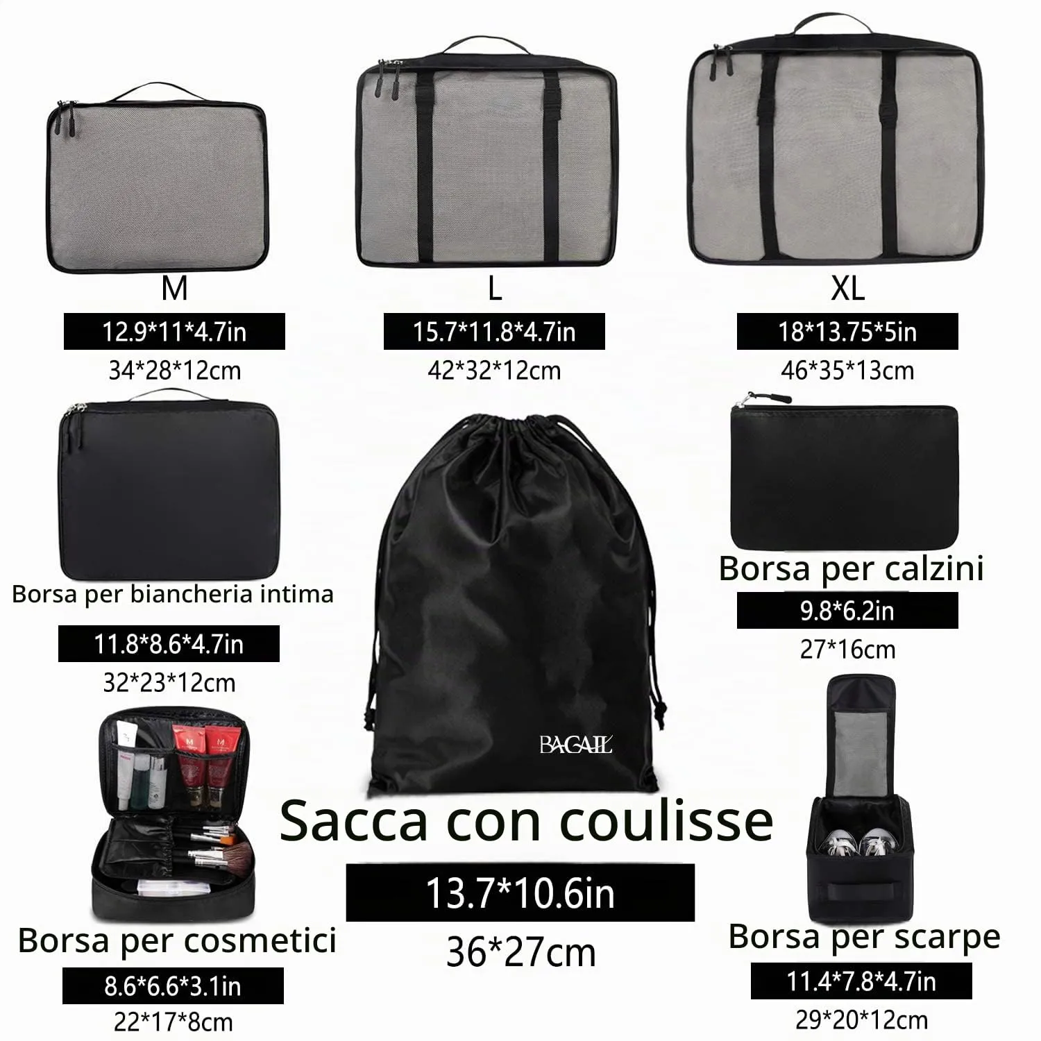 BAGAIL Cubi da Imballaggio per Valigia Set 8 Pezzi, Organizzatori Leggeri per Bagagli e Accessori da Viaggio, Nero - immagine 2