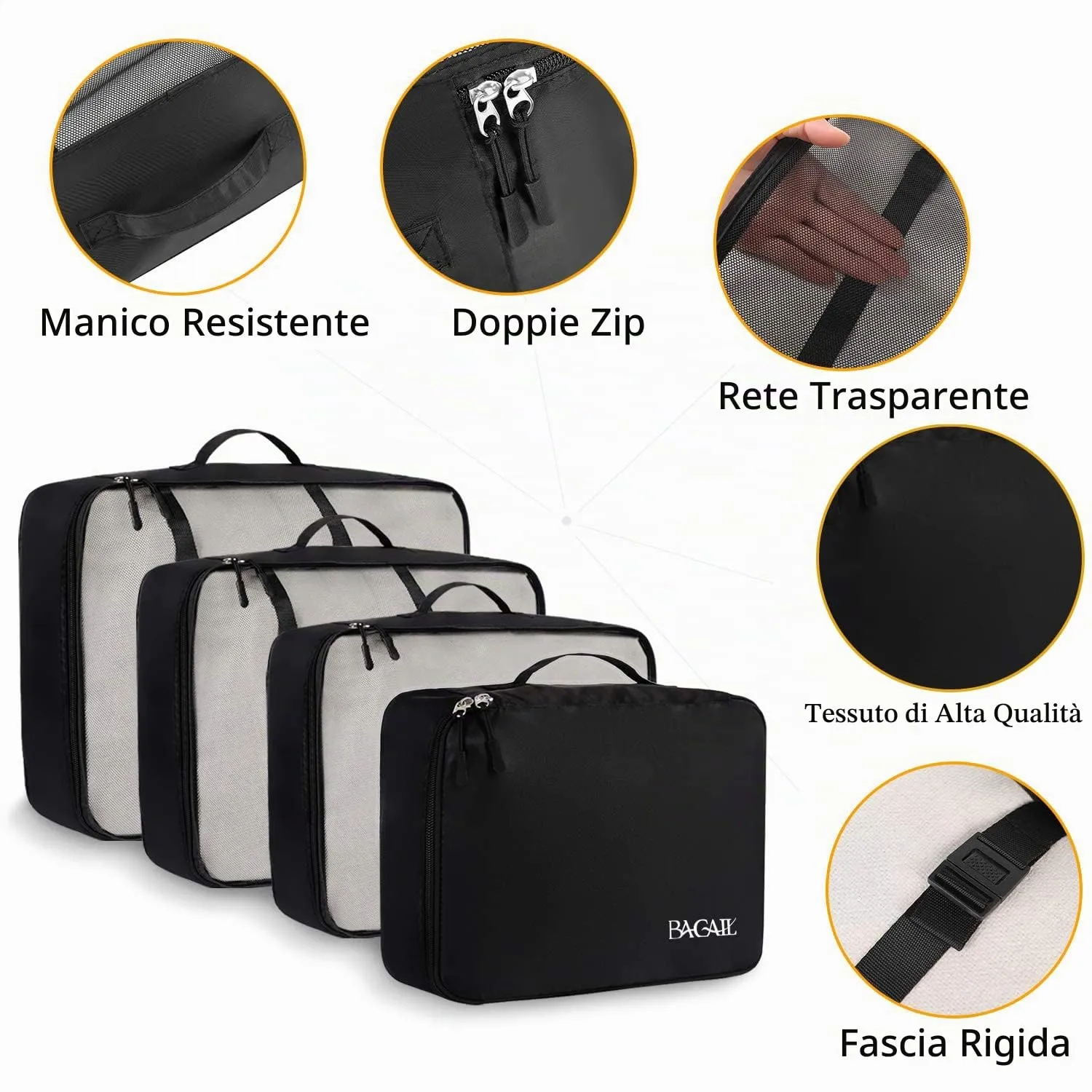 BAGAIL Cubi da Imballaggio per Valigia Set 8 Pezzi, Organizzatori Leggeri per Bagagli e Accessori da Viaggio, Nero - immagine 4