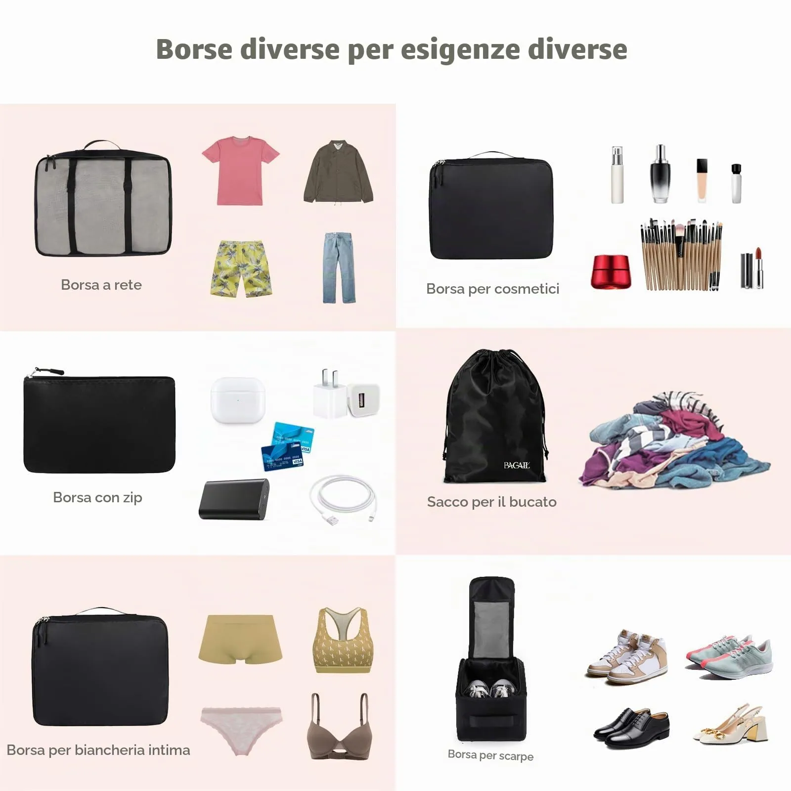 BAGAIL Cubi da Imballaggio per Valigia Set 8 Pezzi, Organizzatori Leggeri per Bagagli e Accessori da Viaggio, Nero - immagine 5
