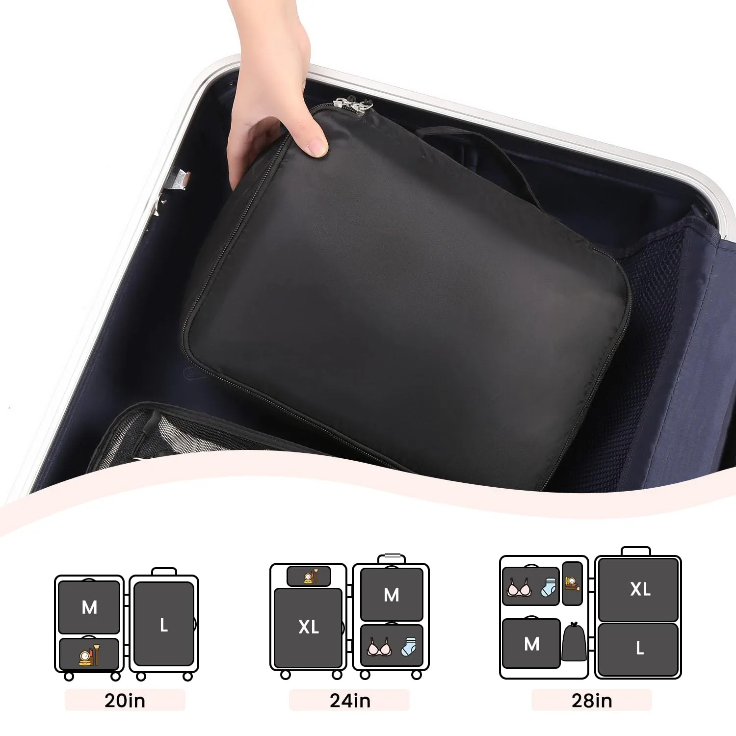 BAGAIL Cubi da Imballaggio per Valigia Set 8 Pezzi, Organizzatori Leggeri per Bagagli e Accessori da Viaggio, Nero - immagine 6
