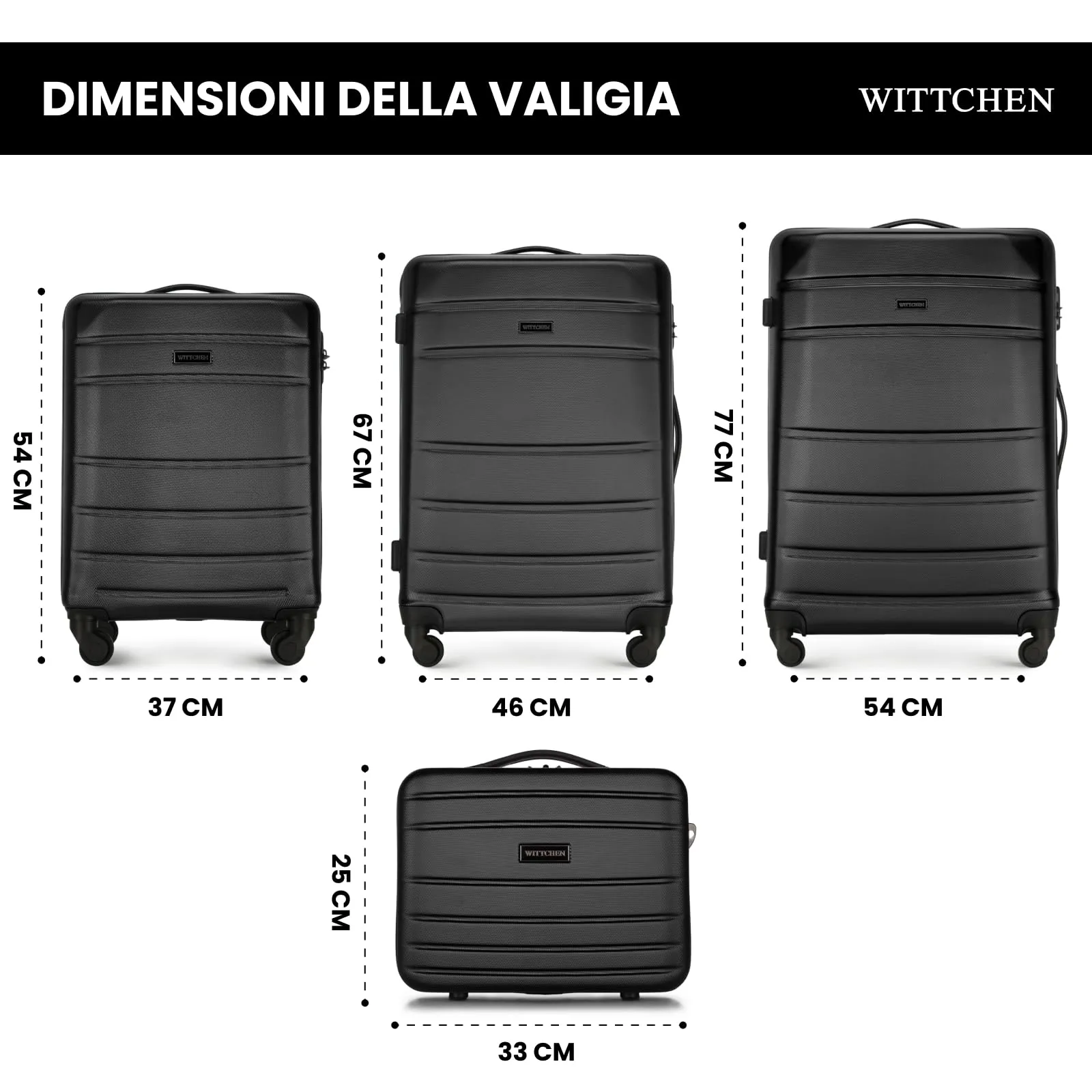 WITTCHEN set di 4 valigie con custodia per cosmetici trolley bagaglio a mano in ABS con 4 ruote spinner chiusura a combinazione maniglia telescopica Globe Line Nero Ryanair/ITA Airways - immagine 2