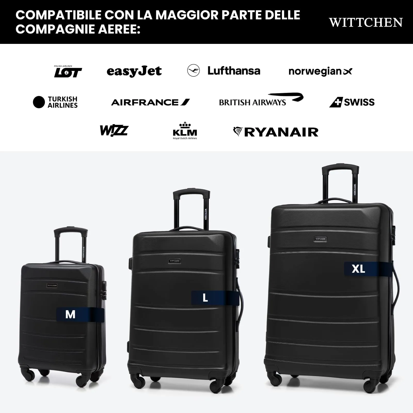 WITTCHEN set di 4 valigie con custodia per cosmetici trolley bagaglio a mano in ABS con 4 ruote spinner chiusura a combinazione maniglia telescopica Globe Line Nero Ryanair/ITA Airways - immagine 7