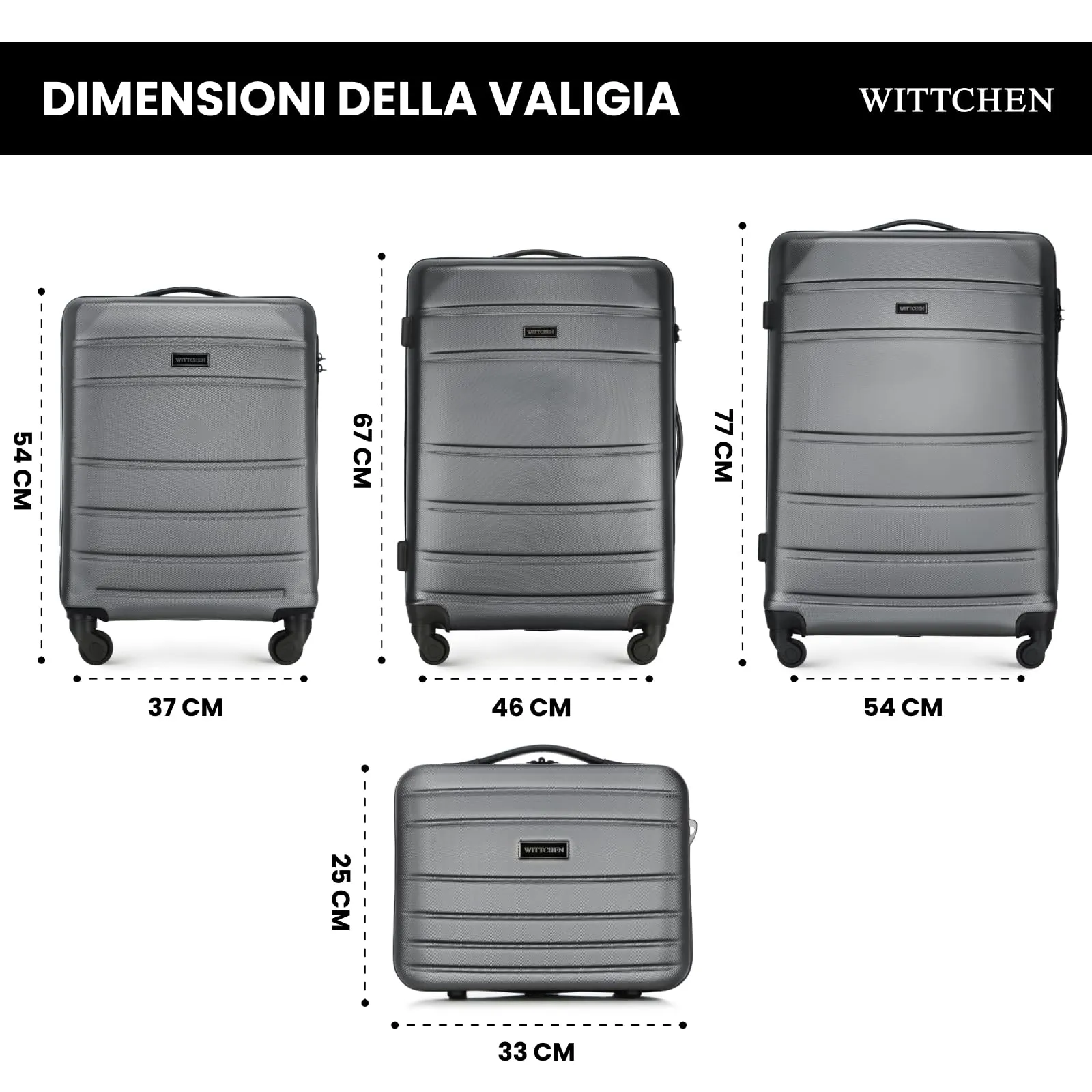 WITTCHEN set di 4 valigie con custodia per cosmetici trolley bagaglio a mano in ABS con 4 ruote spinner chiusura a combinazione maniglia telescopica Globe Line Grigio Ryanair/ITA Airways - immagine 2