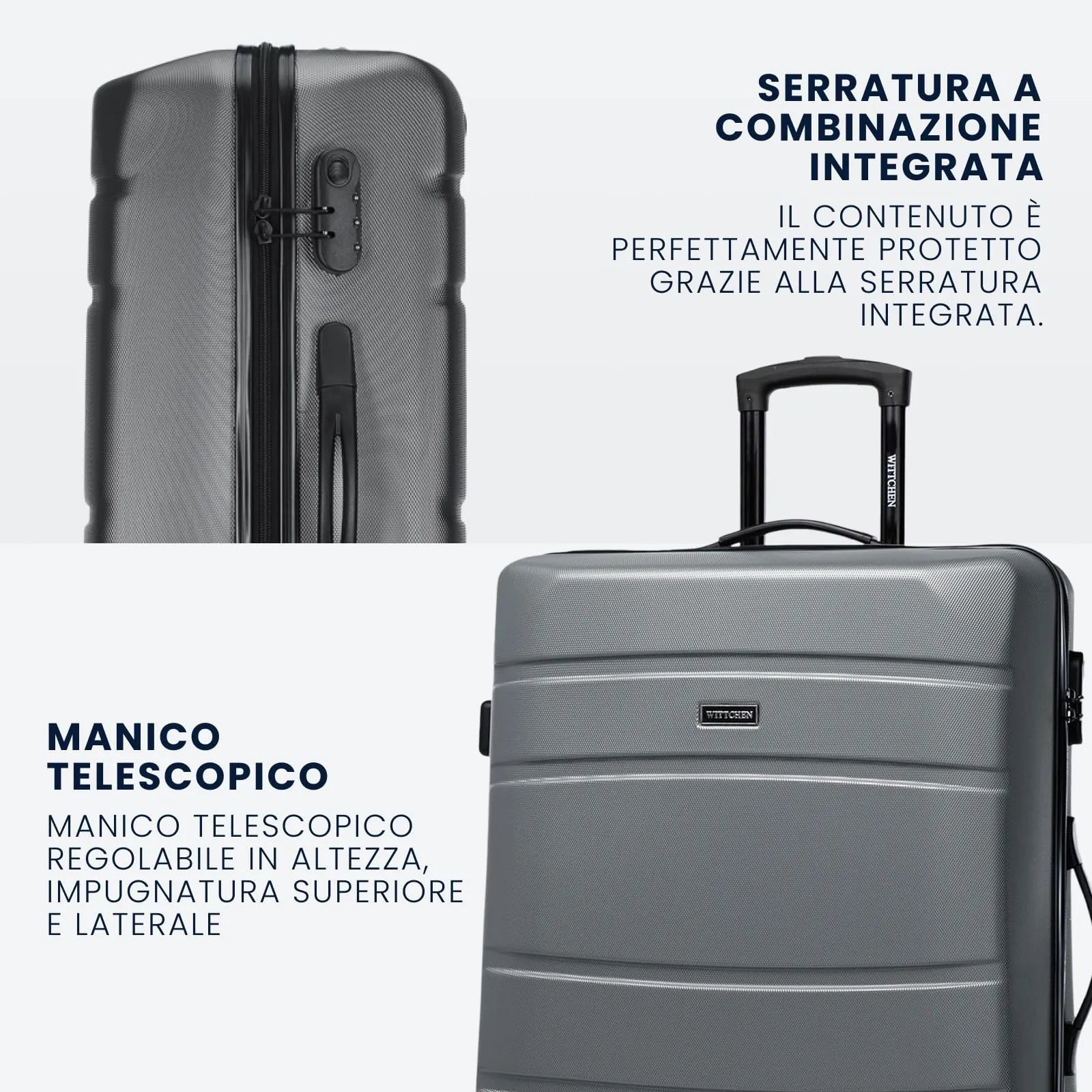 WITTCHEN set di 4 valigie con custodia per cosmetici trolley bagaglio a mano in ABS con 4 ruote spinner chiusura a combinazione maniglia telescopica Globe Line Grigio Ryanair/ITA Airways - immagine 5