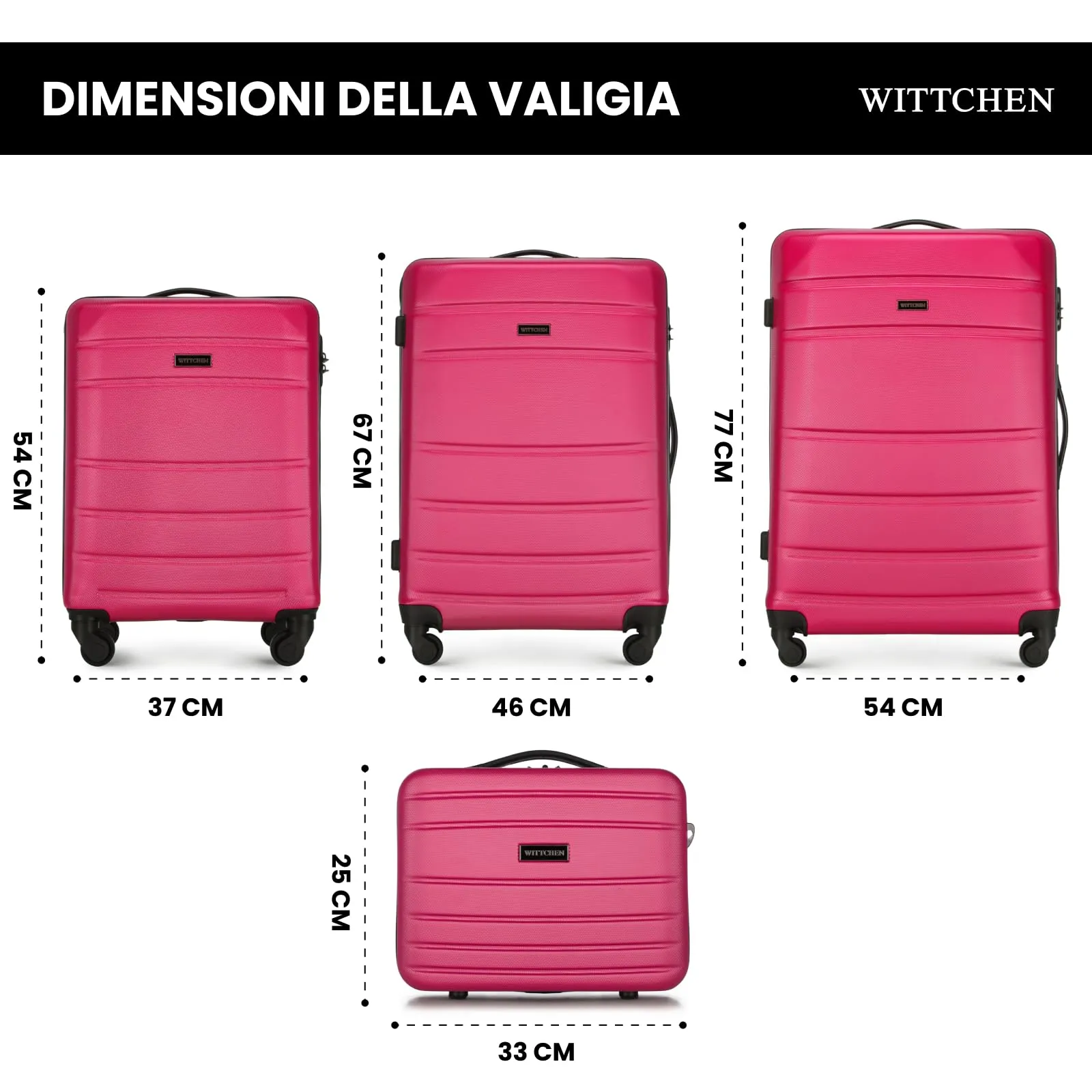 WITTCHEN set di 4 valigie con custodia per cosmetici trolley bagaglio a mano in ABS con 4 ruote spinner chiusura a combinazione maniglia telescopica Globe Line Rosa Ryanair/ITA Airways - immagine 2