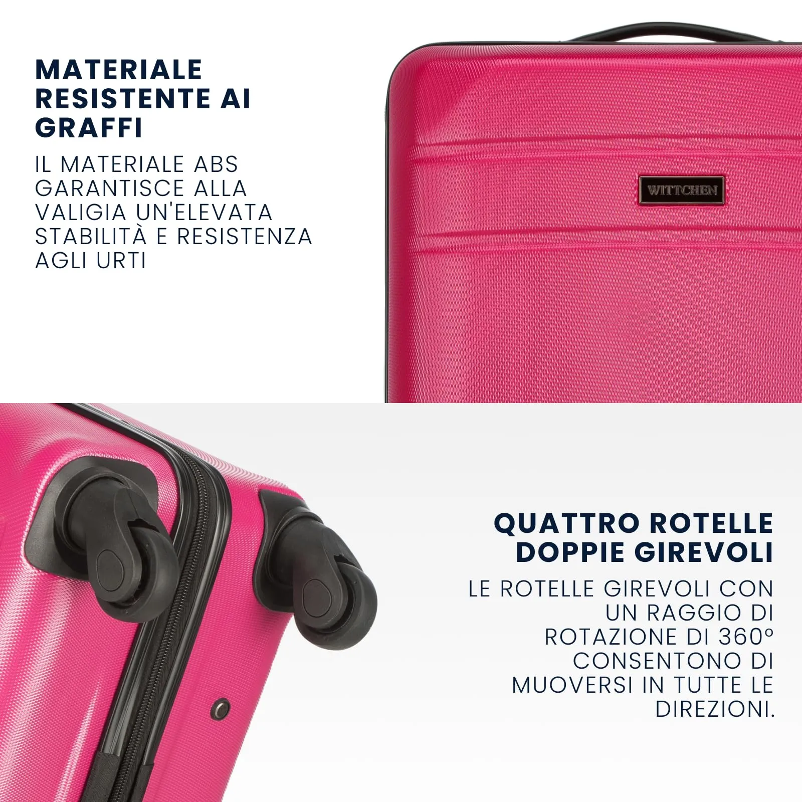 WITTCHEN set di 4 valigie con custodia per cosmetici trolley bagaglio a mano in ABS con 4 ruote spinner chiusura a combinazione maniglia telescopica Globe Line Rosa Ryanair/ITA Airways - immagine 3