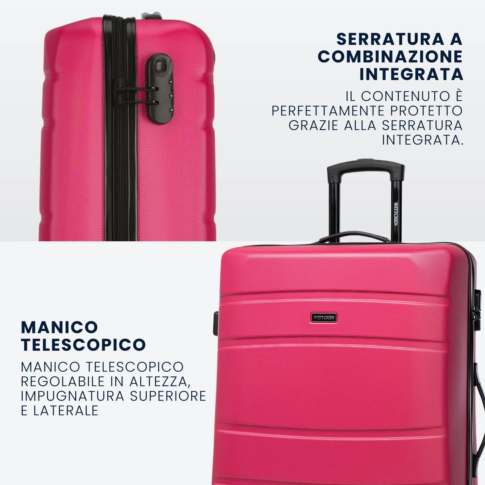 WITTCHEN set di 4 valigie con custodia per cosmetici trolley bagaglio a mano in ABS con 4 ruote spinner chiusura a combinazione maniglia telescopica Globe Line Rosa Ryanair/ITA Airways - immagine 5