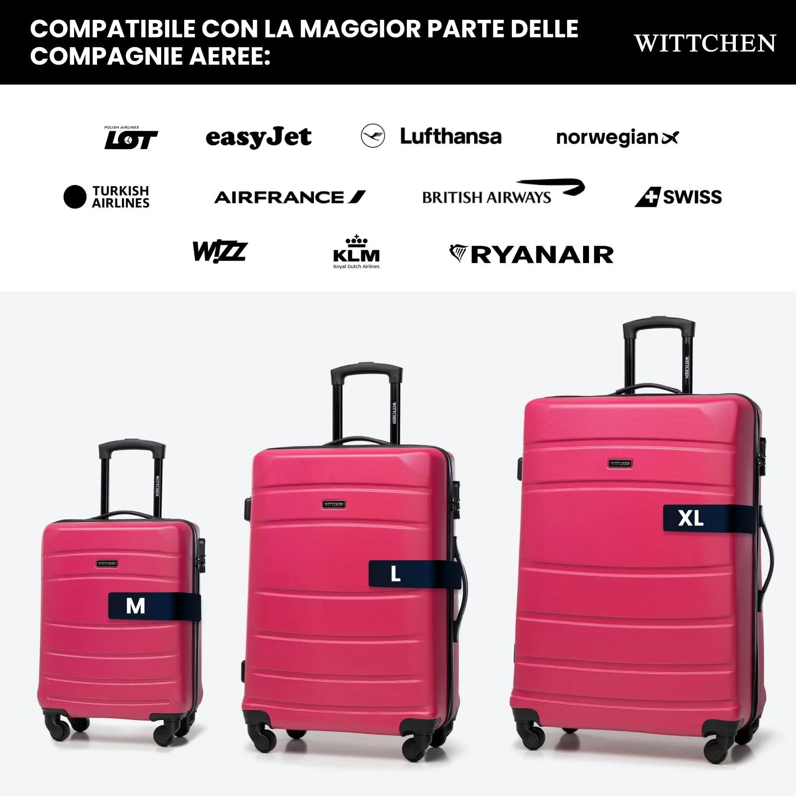 WITTCHEN set di 4 valigie con custodia per cosmetici trolley bagaglio a mano in ABS con 4 ruote spinner chiusura a combinazione maniglia telescopica Globe Line Rosa Ryanair/ITA Airways - immagine 7