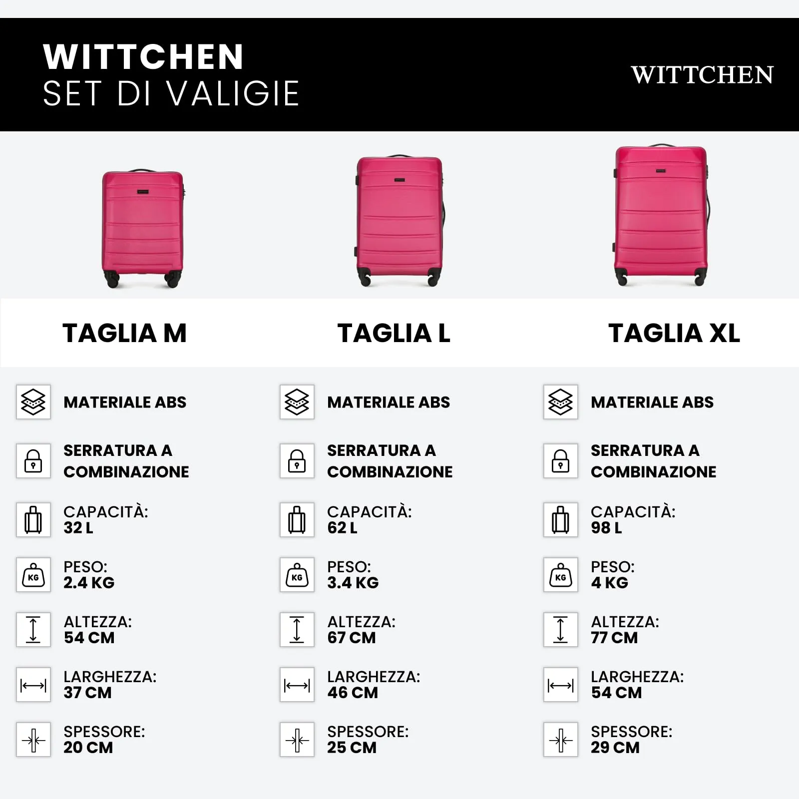 WITTCHEN set di 4 valigie con custodia per cosmetici trolley bagaglio a mano in ABS con 4 ruote spinner chiusura a combinazione maniglia telescopica Globe Line Rosa Ryanair/ITA Airways - immagine 8