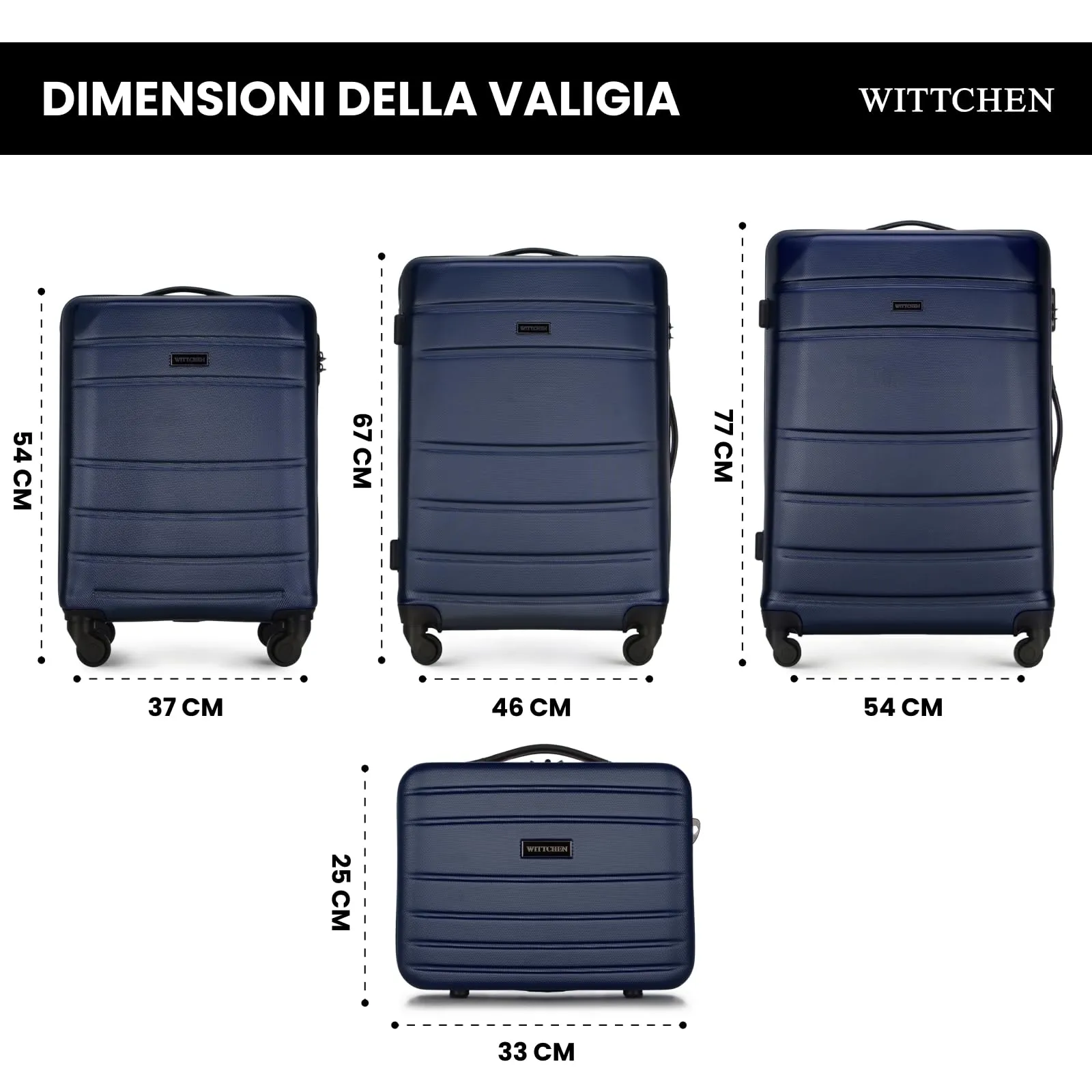 WITTCHEN set di 4 valigie con custodia per cosmetici trolley bagaglio a mano in ABS con 4 ruote spinner chiusura a combinazione maniglia telescopica Globe Line Blu Navy Ryanair/ITA Airways - immagine 2