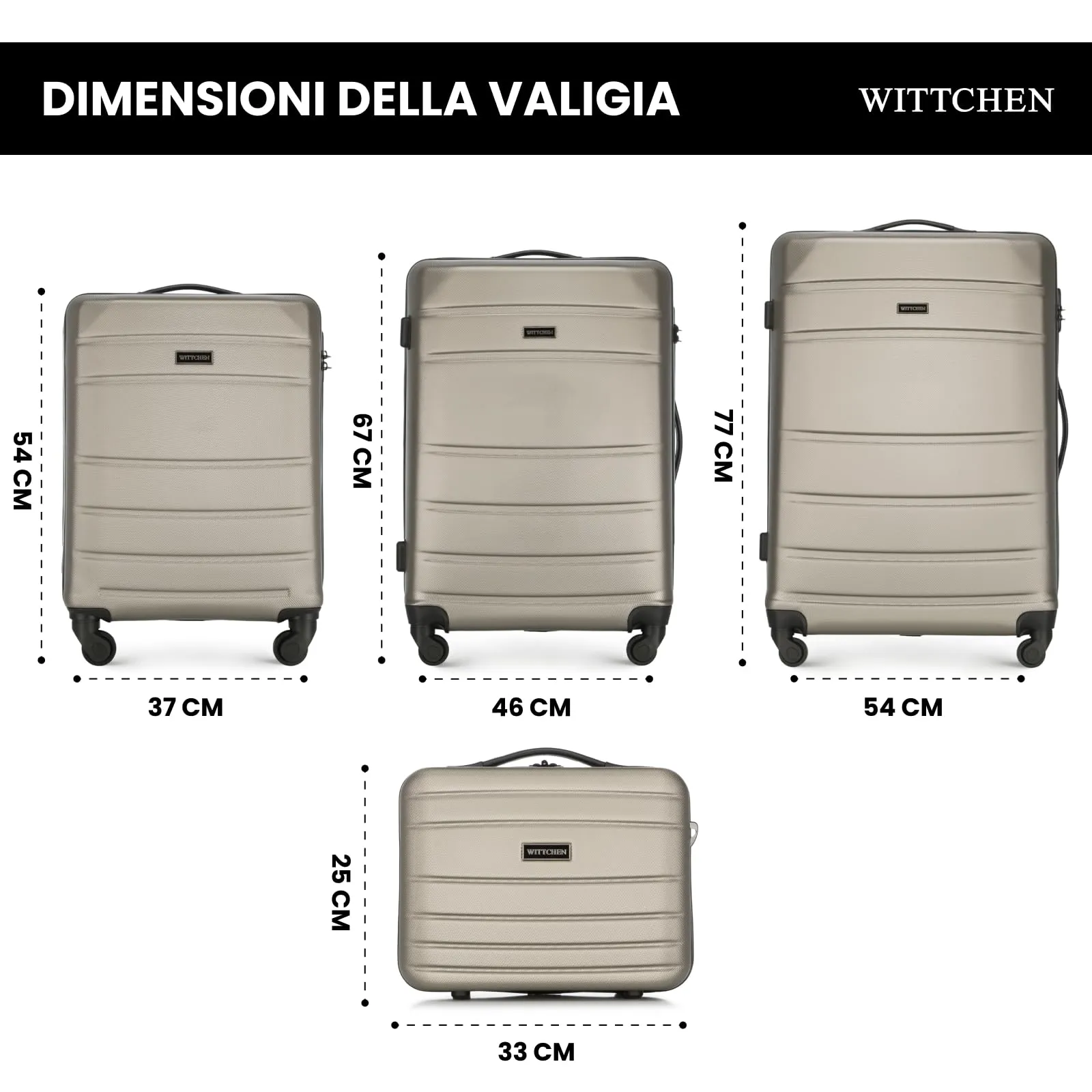 WITTCHEN set di 4 valigie con custodia per cosmetici trolley bagaglio a mano in ABS con 4 ruote spinner chiusura a combinazione maniglia telescopica Globe Line Champagne Ryanair/ITA Airways - immagine 2