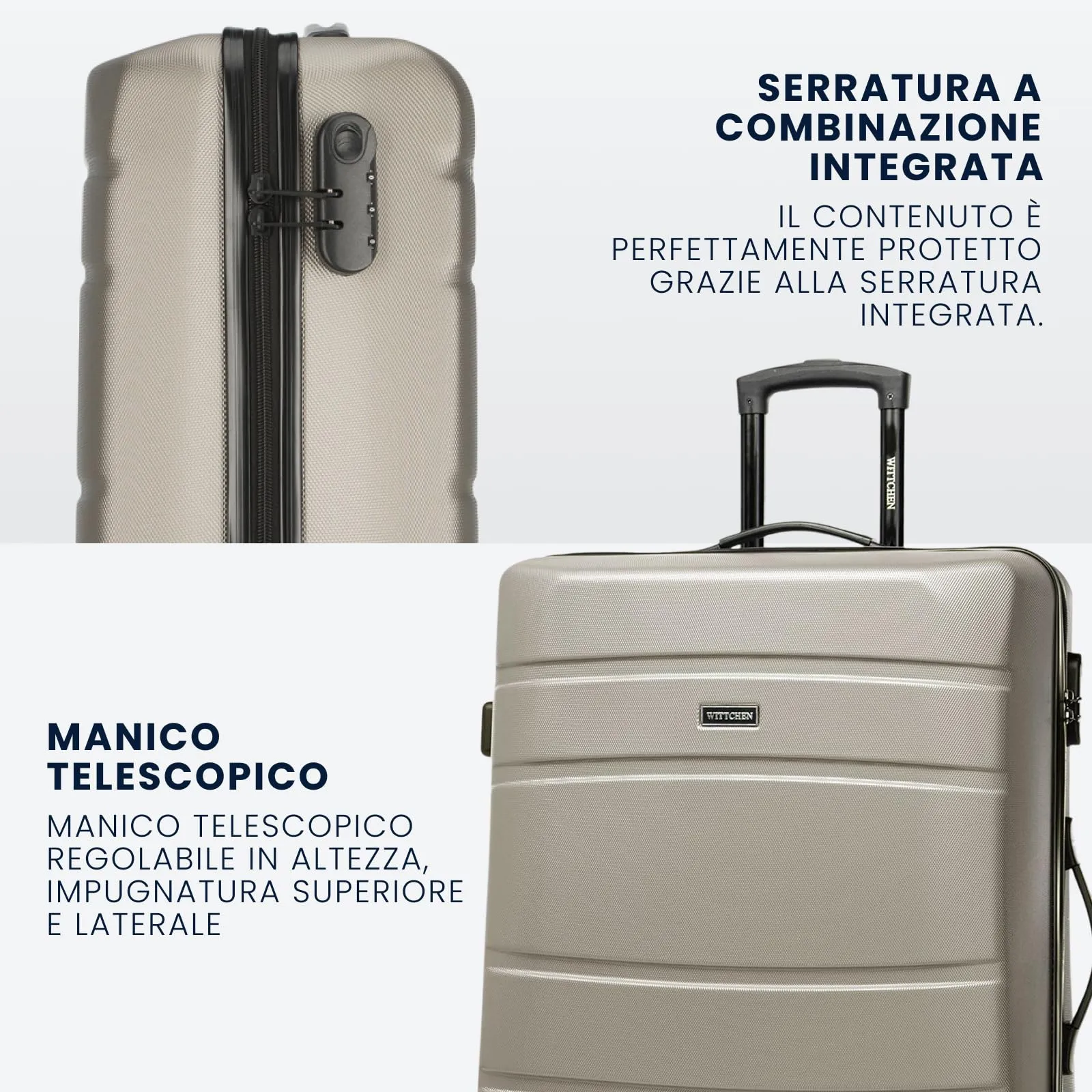 WITTCHEN set di 4 valigie con custodia per cosmetici trolley bagaglio a mano in ABS con 4 ruote spinner chiusura a combinazione maniglia telescopica Globe Line Champagne Ryanair/ITA Airways - immagine 5