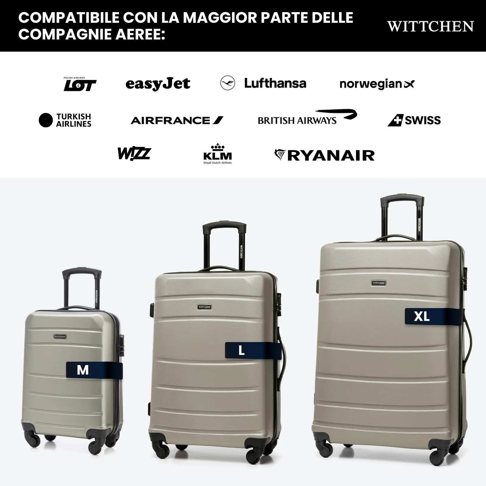 WITTCHEN set di 4 valigie con custodia per cosmetici trolley bagaglio a mano in ABS con 4 ruote spinner chiusura a combinazione maniglia telescopica Globe Line Champagne Ryanair/ITA Airways - immagine 7