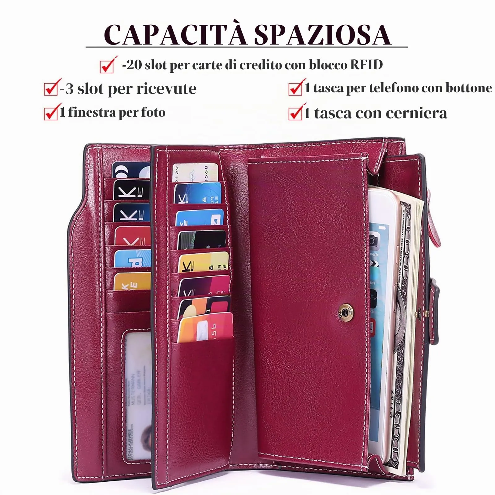 SENDEFN Portafoglio Donna Grande Capacità Pelle RFID con 20 Titolari di Carta e Cerniera - immagine 2