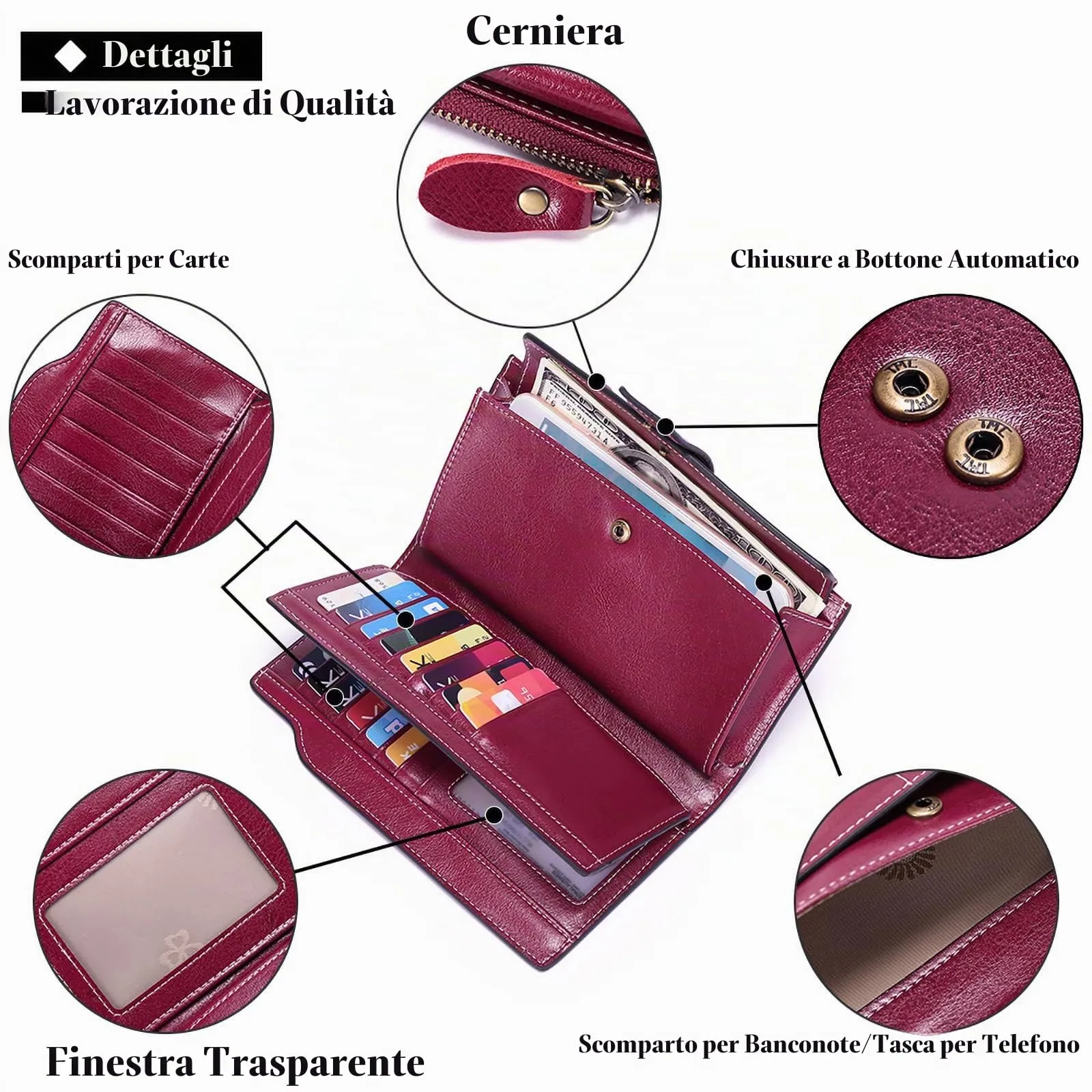 SENDEFN Portafoglio Donna Grande Capacità Pelle RFID con 20 Titolari di Carta e Cerniera - immagine 3