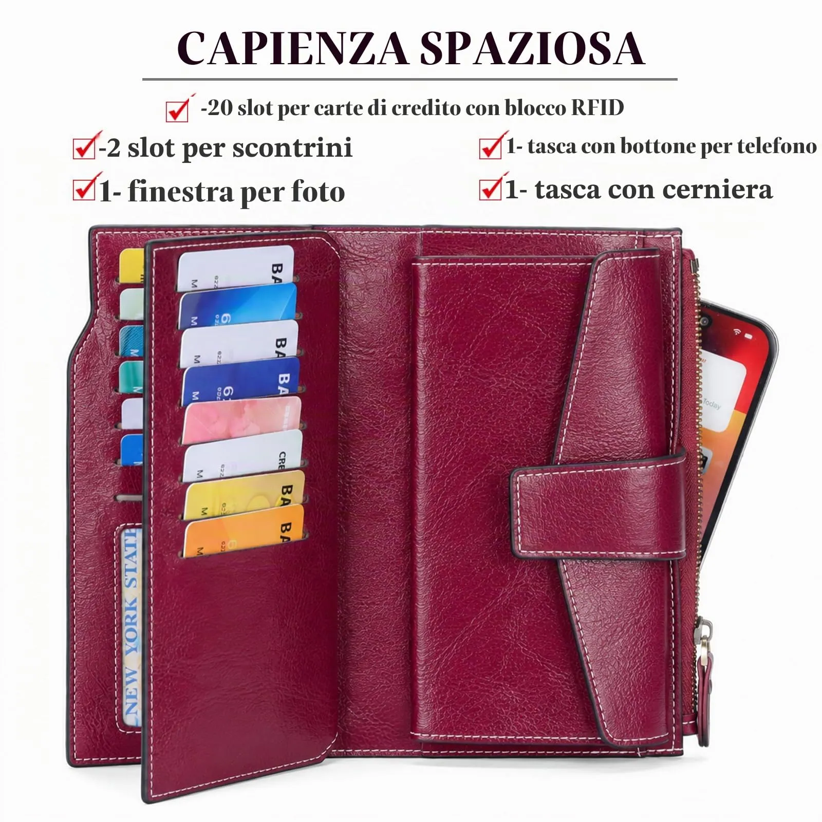 SENDEFN Portafoglio Donna Grande Capacità Pelle RFID con 20 Titolari di Carta e Cerniera - immagine 5