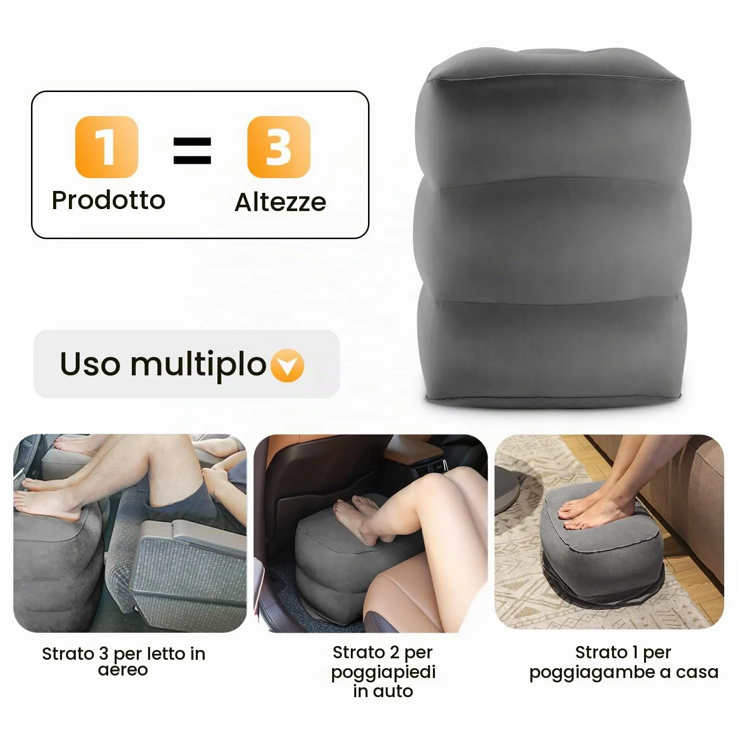 Maliton Poggiapiedi gonfiabile da viaggio, letto aereo per bambini, cuscino poggiapiedi per auto, altezza regolabile, per aereo, auto, treno, casa, ufficio (Grigio scuro, 1 pezzo) - immagine 4