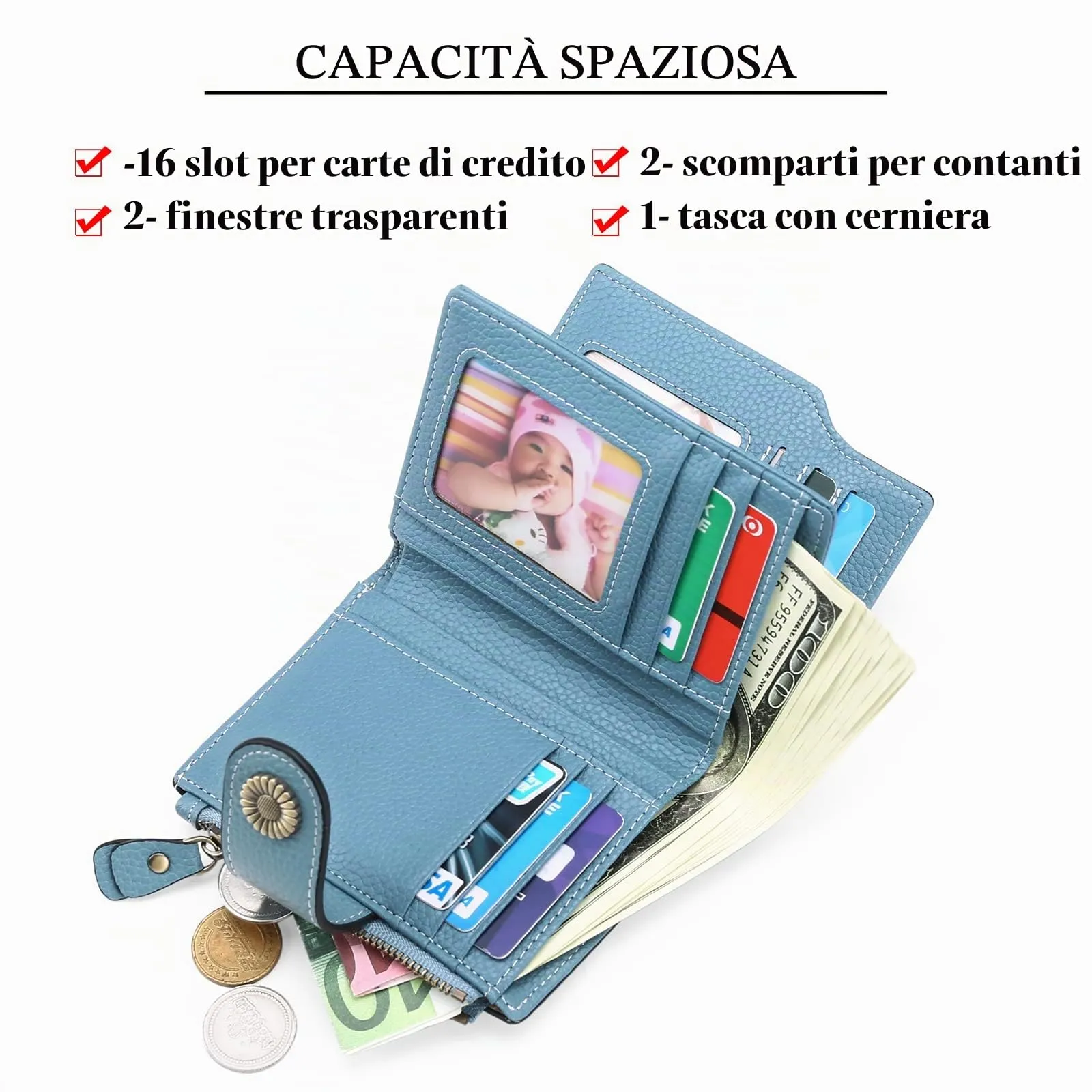 SENDEFN Portafoglio Donna Pelle con Bloccaggio RFID Piccolo Portamonete Donna, 10 Scomparti per Carte con 2 Finestra di Identificazione e 1 Tasca con Cerniera - immagine 2