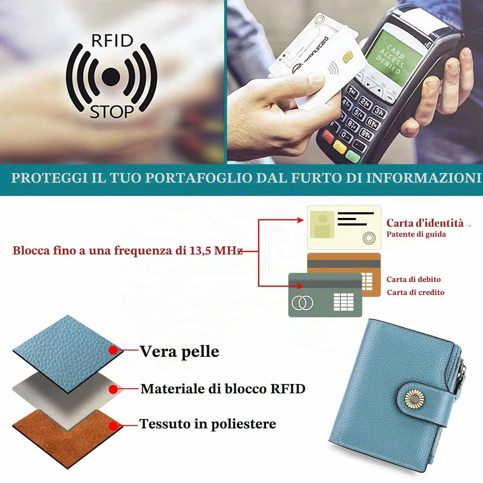 SENDEFN Portafoglio Donna Pelle con Bloccaggio RFID Piccolo Portamonete Donna, 10 Scomparti per Carte con 2 Finestra di Identificazione e 1 Tasca con Cerniera - immagine 6