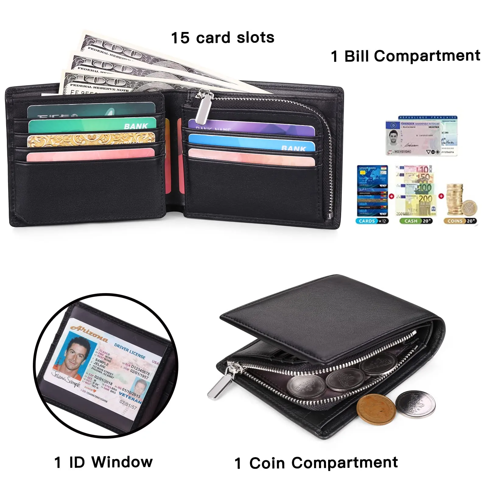 SENDEFN Portafoglio Uomo Vera Pelle, Portafoglio bi-Fold Uomo Portamonete, Blocco RFID Portafoglio per Uomo Con 15 Porta Carte di Credito - immagine 5