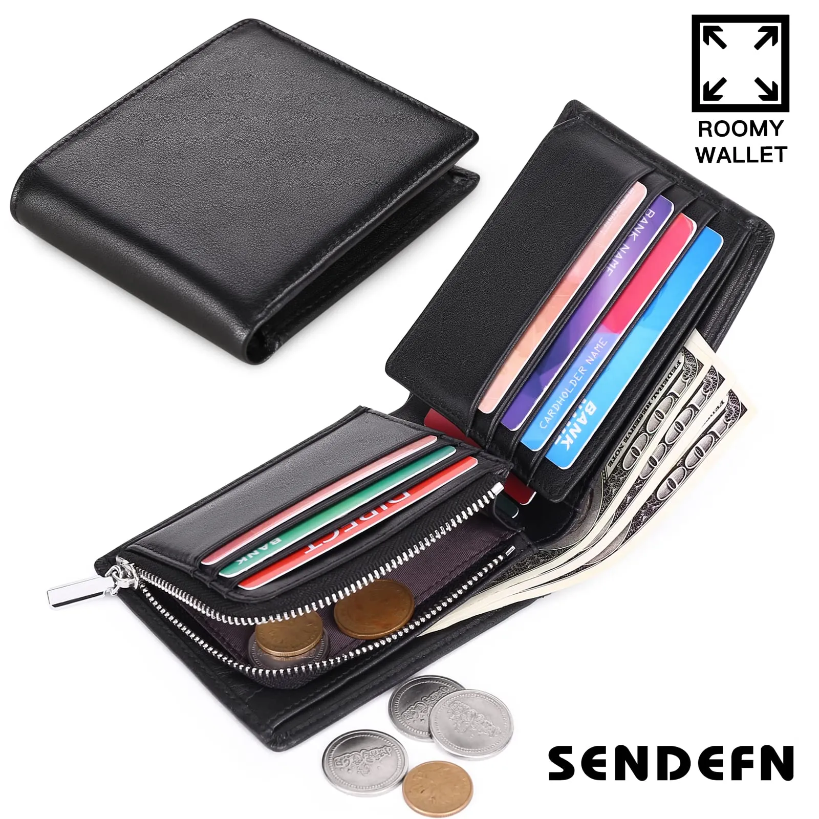 SENDEFN Portafoglio Uomo Vera Pelle, Portafoglio bi-Fold Uomo Portamonete, Blocco RFID Portafoglio per Uomo Con 15 Porta Carte di Credito - immagine 6
