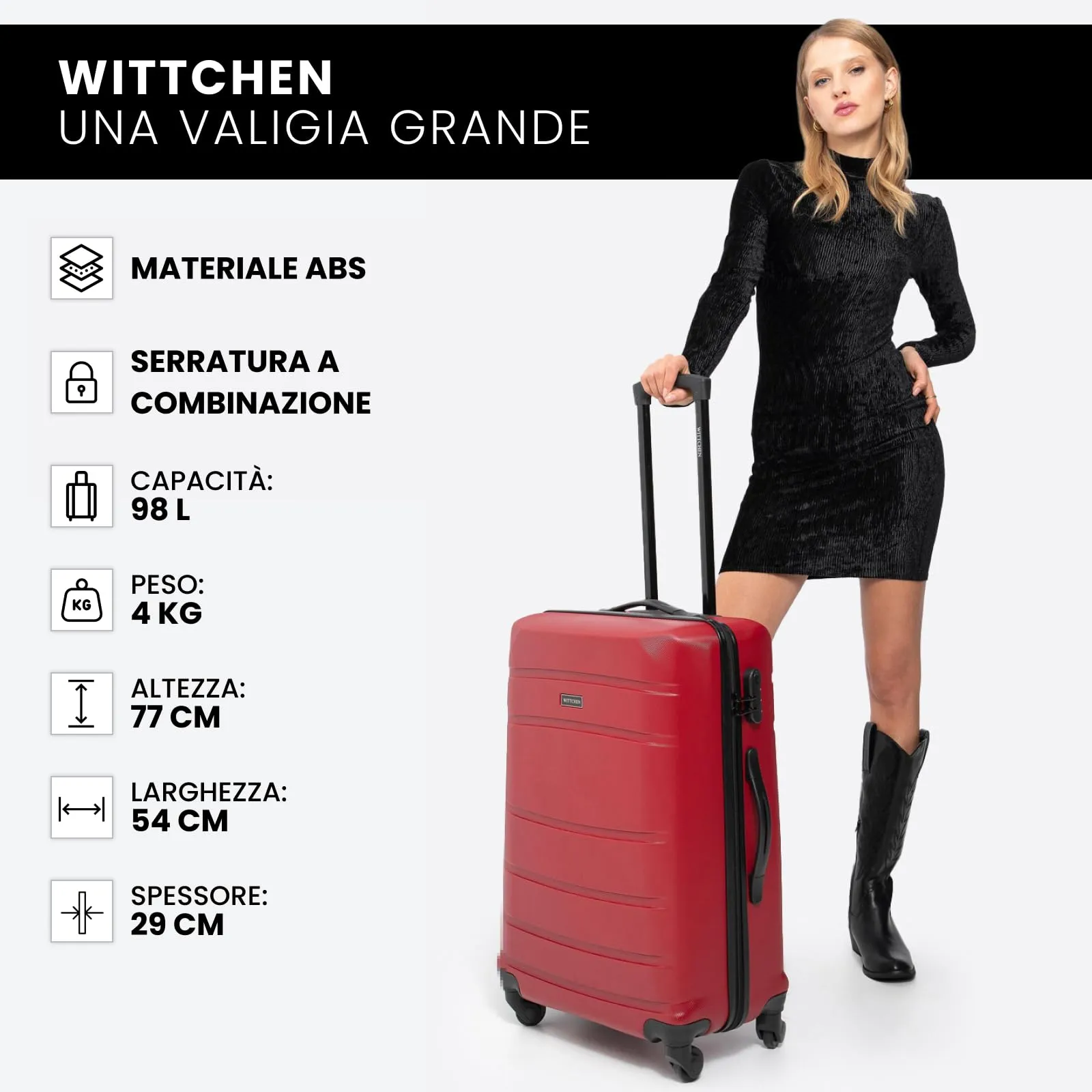 WITTCHEN Valigia grande trolley da viaggio check-in guscio rigido ABS con 4 ruote piroettanti chiusura a combinazione maniglia telescopica Globe Line Rosso Ryanair/ITA Airways - immagine 9