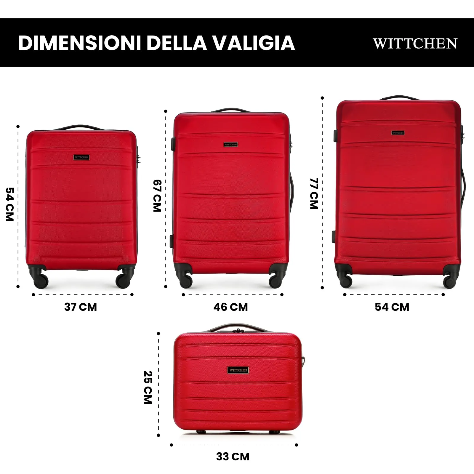WITTCHEN set di 4 valigie con custodia per cosmetici trolley bagaglio a mano in ABS con 4 ruote spinner chiusura a combinazione maniglia telescopica Globe Line Rosso Ryanair/ITA Airways - immagine 2