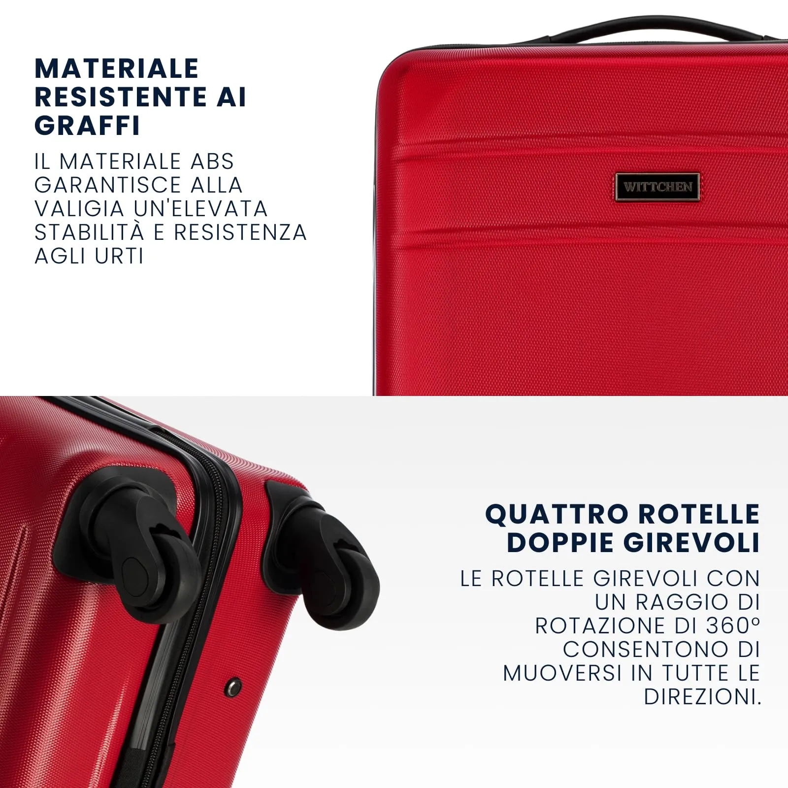 WITTCHEN set di 4 valigie con custodia per cosmetici trolley bagaglio a mano in ABS con 4 ruote spinner chiusura a combinazione maniglia telescopica Globe Line Rosso Ryanair/ITA Airways - immagine 3