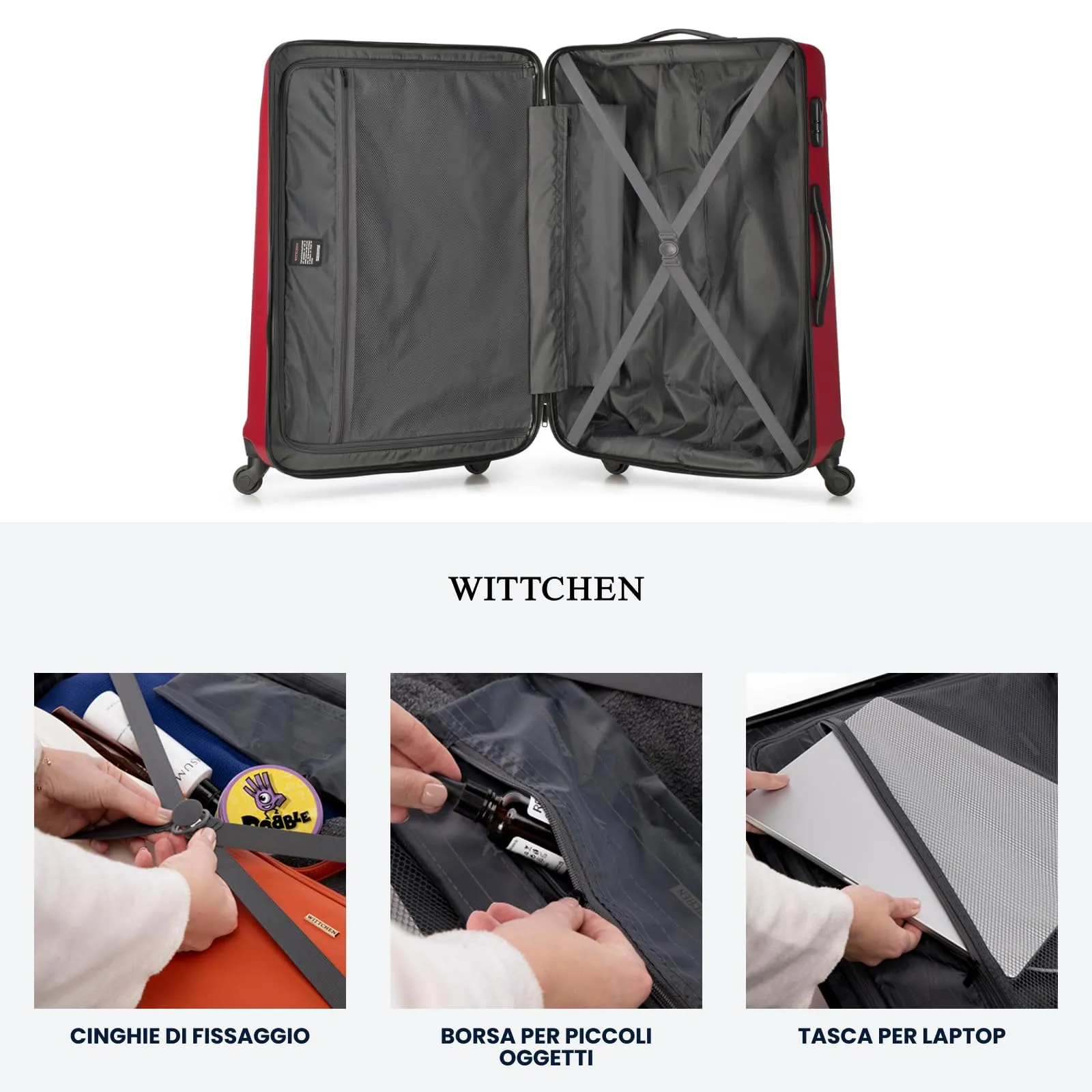 WITTCHEN set di 4 valigie con custodia per cosmetici trolley bagaglio a mano in ABS con 4 ruote spinner chiusura a combinazione maniglia telescopica Globe Line Rosso Ryanair/ITA Airways - immagine 5