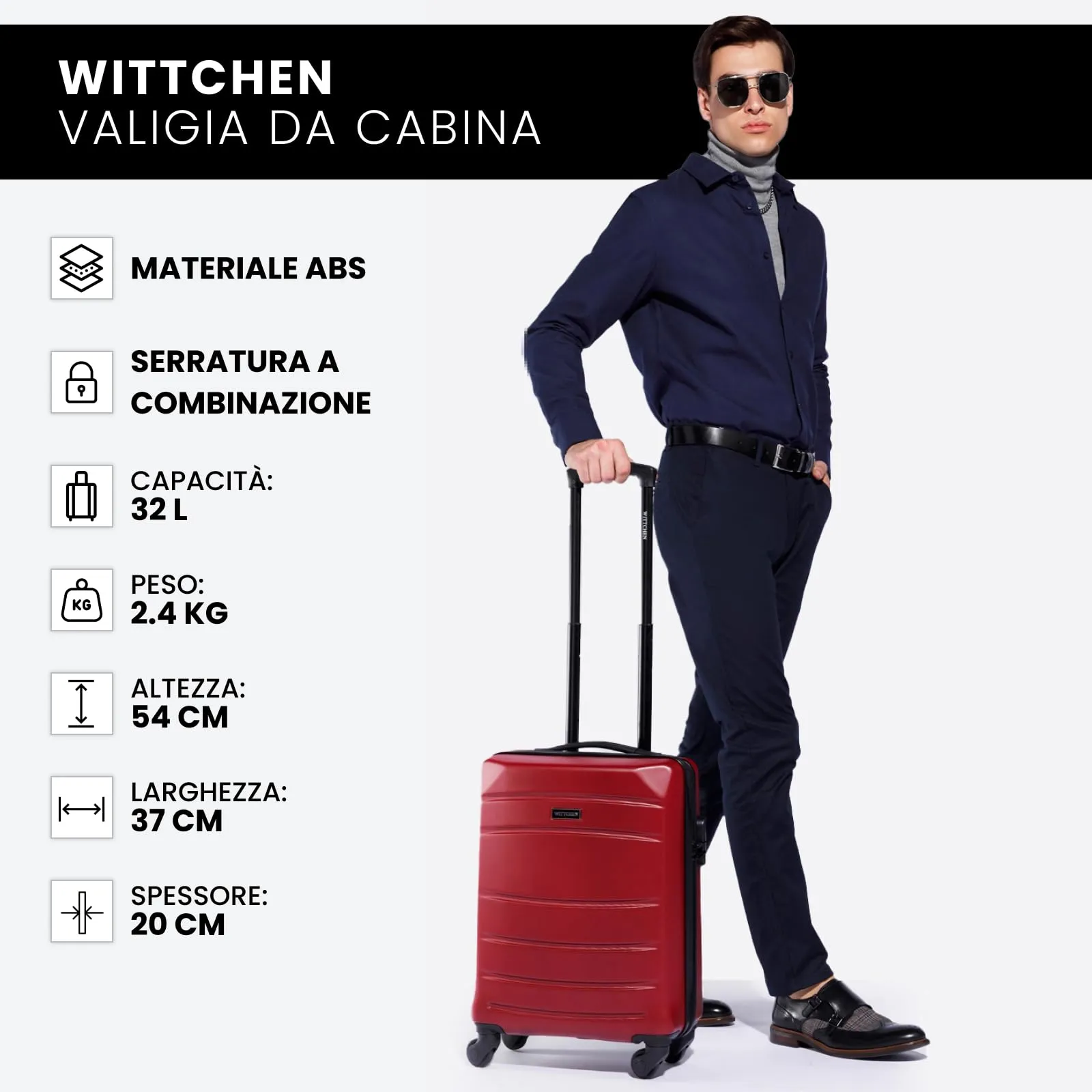 WITTCHEN Valigia da viaggio Bagaglio a mano Valigia da cabina Valigia rigida in ABS con 4 ruote girevoli Serratura a combinazione Maniglia telescopica Globe Line Taglia S Rosso Ryanair/ITA Airways - immagine 8