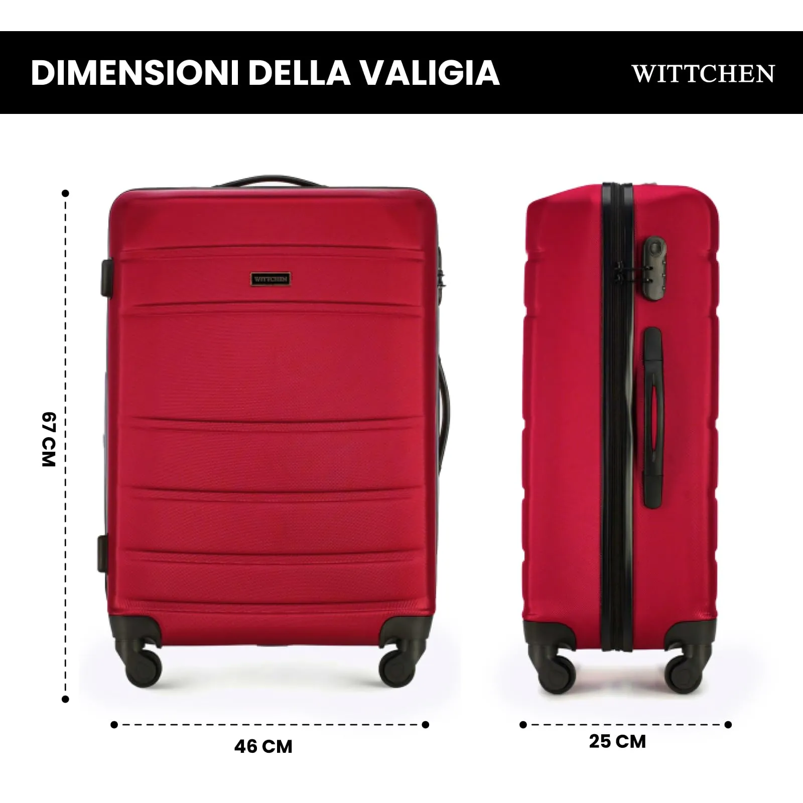 WITTCHEN Valigia Media Trolley Valigia Rigida in ABS Valigia Bagaglio Valigie con 4 Ruote Serratura a combinazione Maniglia telescopica Globe Line Rosso Ryanair/ITA Airways/easyJet - immagine 2