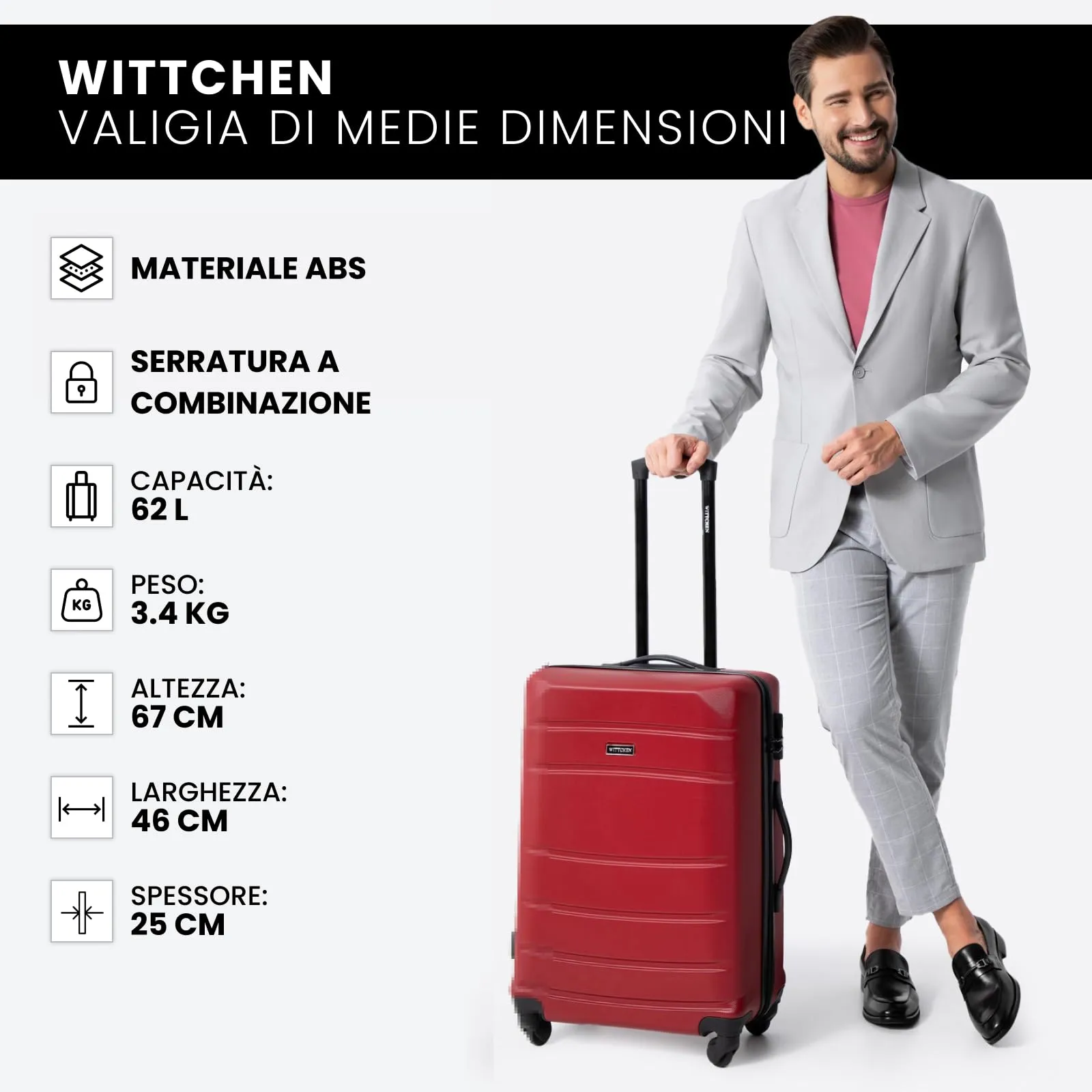 WITTCHEN Valigia Media Trolley Valigia Rigida in ABS Valigia Bagaglio Valigie con 4 Ruote Serratura a combinazione Maniglia telescopica Globe Line Rosso Ryanair/ITA Airways/easyJet - immagine 7