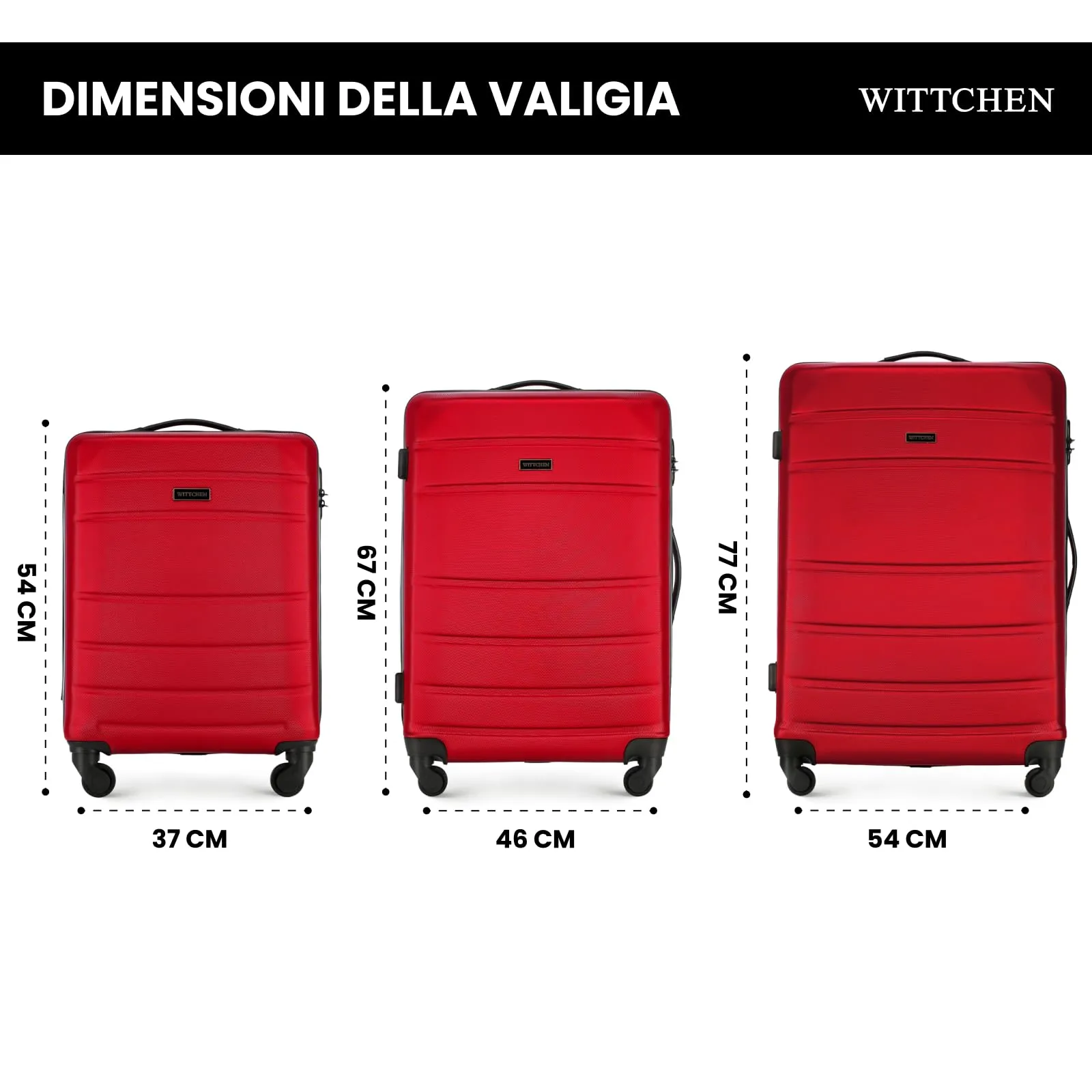 WITTCHEN valigia da viaggio set di 3 valigie trolley bagaglio a mano valigia a rotelle in ABS con 4 ruote spinner chiusura a combinazione maniglia telescopica Globe Line Rosso Ryanair/ITA Airways - immagine 2