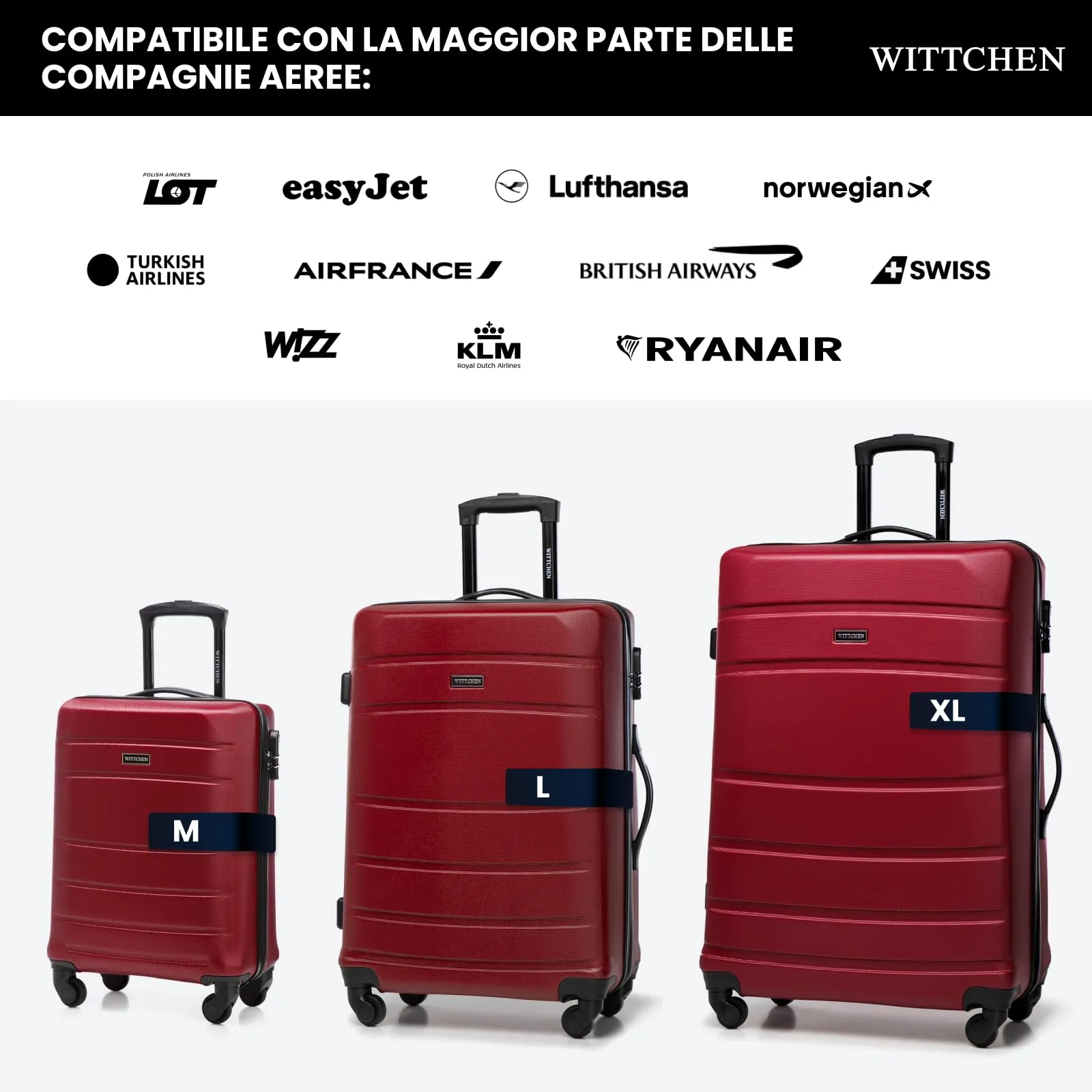 WITTCHEN valigia da viaggio set di 3 valigie trolley bagaglio a mano valigia a rotelle in ABS con 4 ruote spinner chiusura a combinazione maniglia telescopica Globe Line Rosso Ryanair/ITA Airways - immagine 6