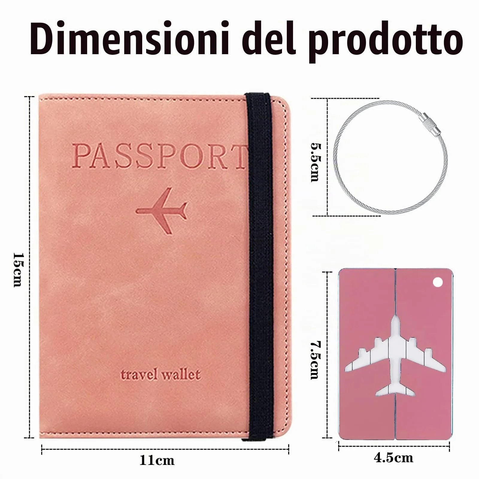 Custodia per Passaporto con Etichetta per Bagaglio, Custodia per Passaporto con Blocco RFID, Custodia Protettiva per Carte di Credito, Porta Carte, D'identità e Documenti di Viaggio(Rosa) - immagine 2