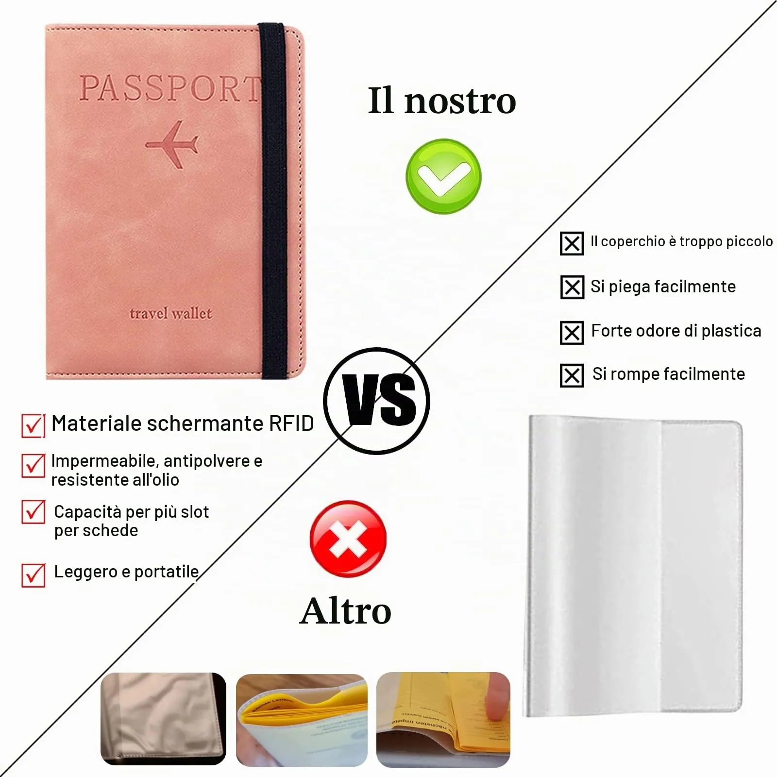 Custodia per Passaporto con Etichetta per Bagaglio, Custodia per Passaporto con Blocco RFID, Custodia Protettiva per Carte di Credito, Porta Carte, D'identità e Documenti di Viaggio(Rosa) - immagine 3