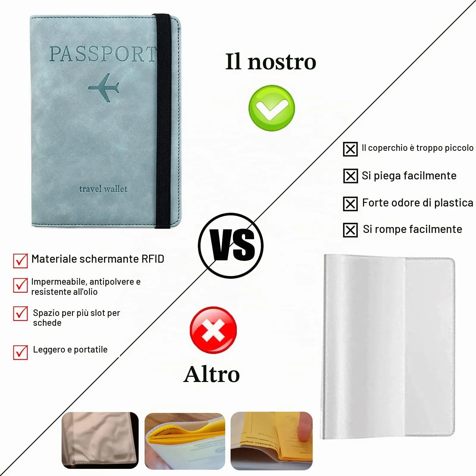 Custodia per Passaporto con Etichetta per Bagaglio, Custodia per Passaporto con Blocco RFID, Custodia Protettiva per Carte di Credito, Porta Carte, D'identità e Documenti di Viaggio(Blu) - immagine 3