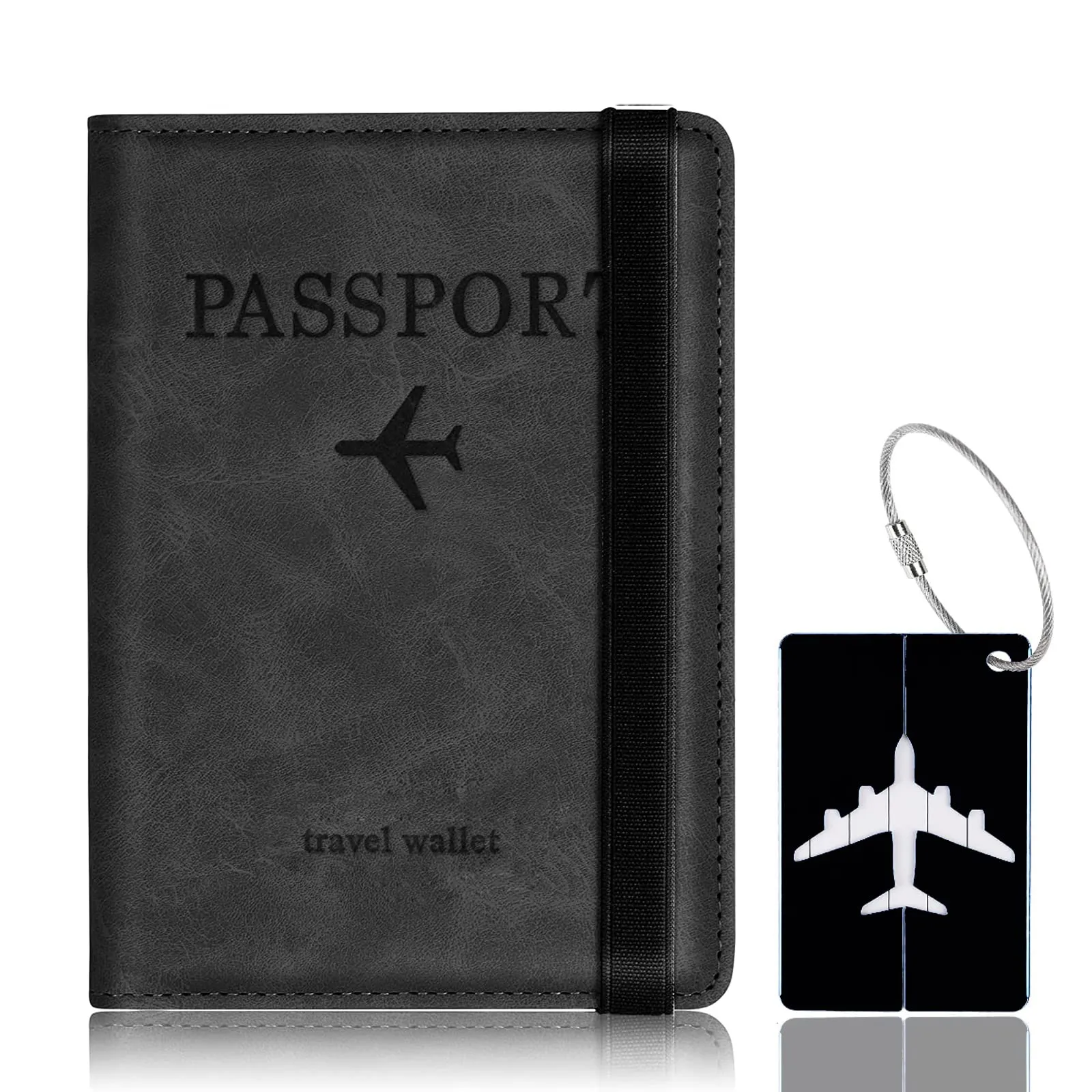 Custodia per Passaporto con Etichetta per Bagaglio, Custodia per Passaporto con Blocco RFID, Custodia Protettiva per Carte di Credito, Porta Carte, D'identità e Documenti di Viaggio(Nero) - immagine 1