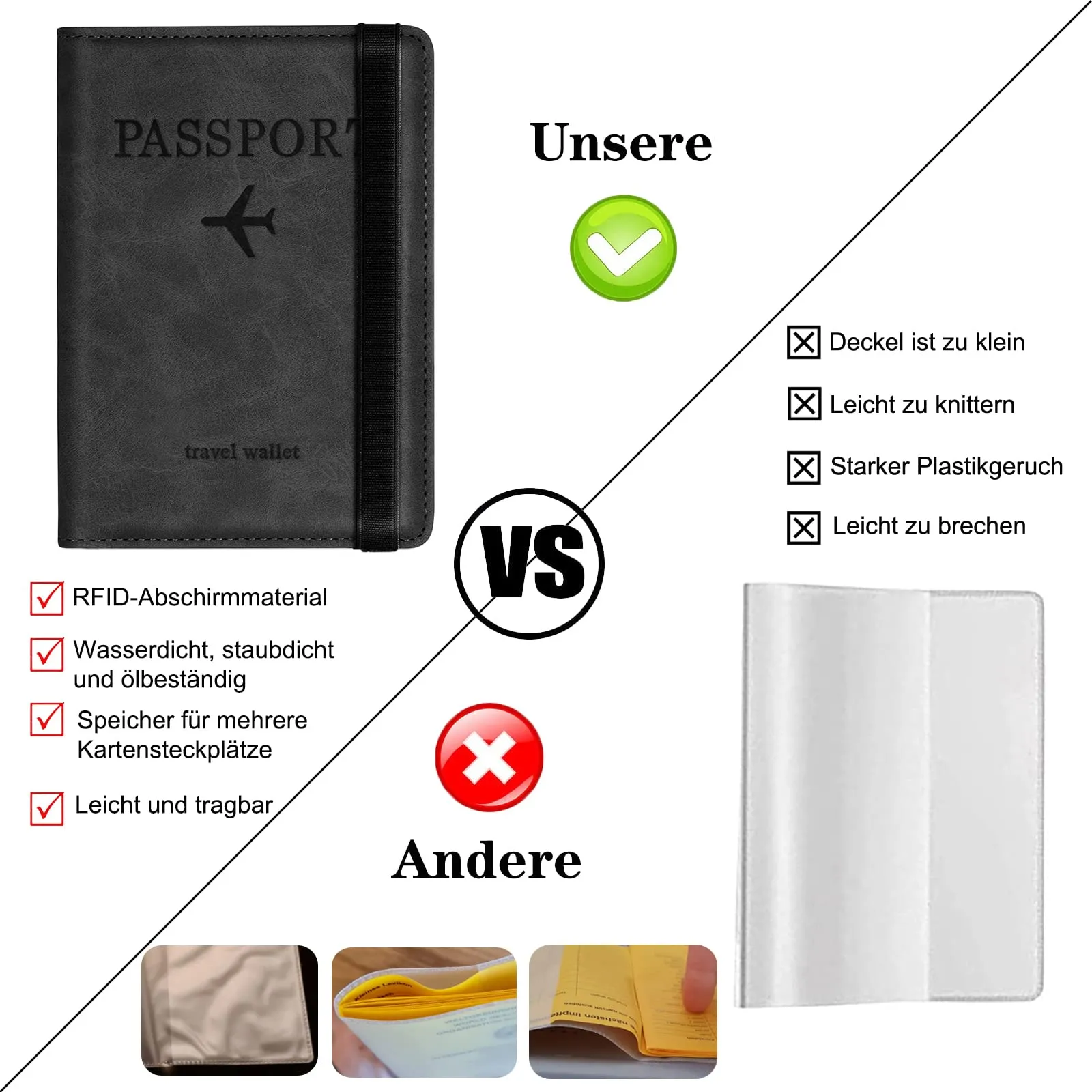 Custodia per Passaporto con Etichetta per Bagaglio, Custodia per Passaporto con Blocco RFID, Custodia Protettiva per Carte di Credito, Porta Carte, D'identità e Documenti di Viaggio(Nero) - immagine 3